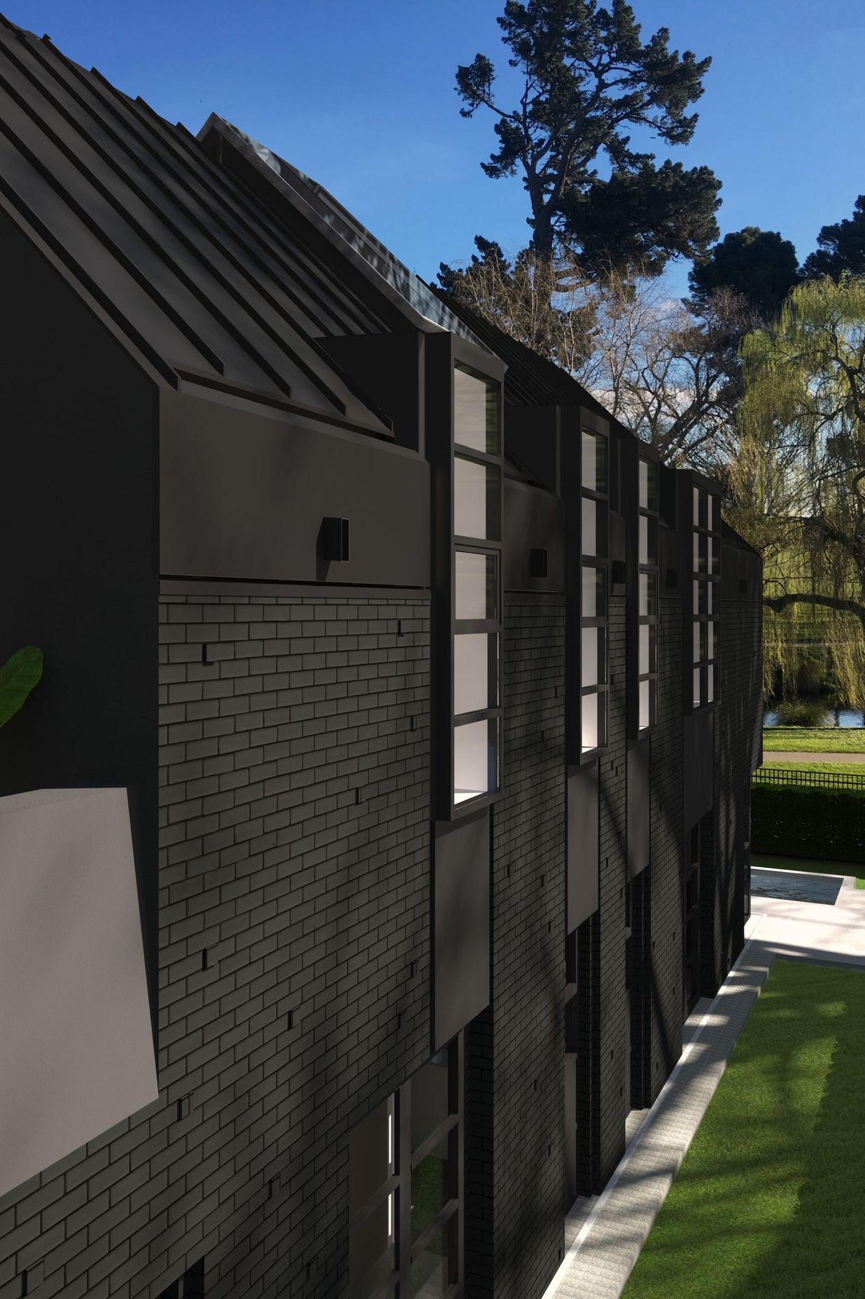 Render of Park Terrace, with a striking Flemish bond black brick façade.