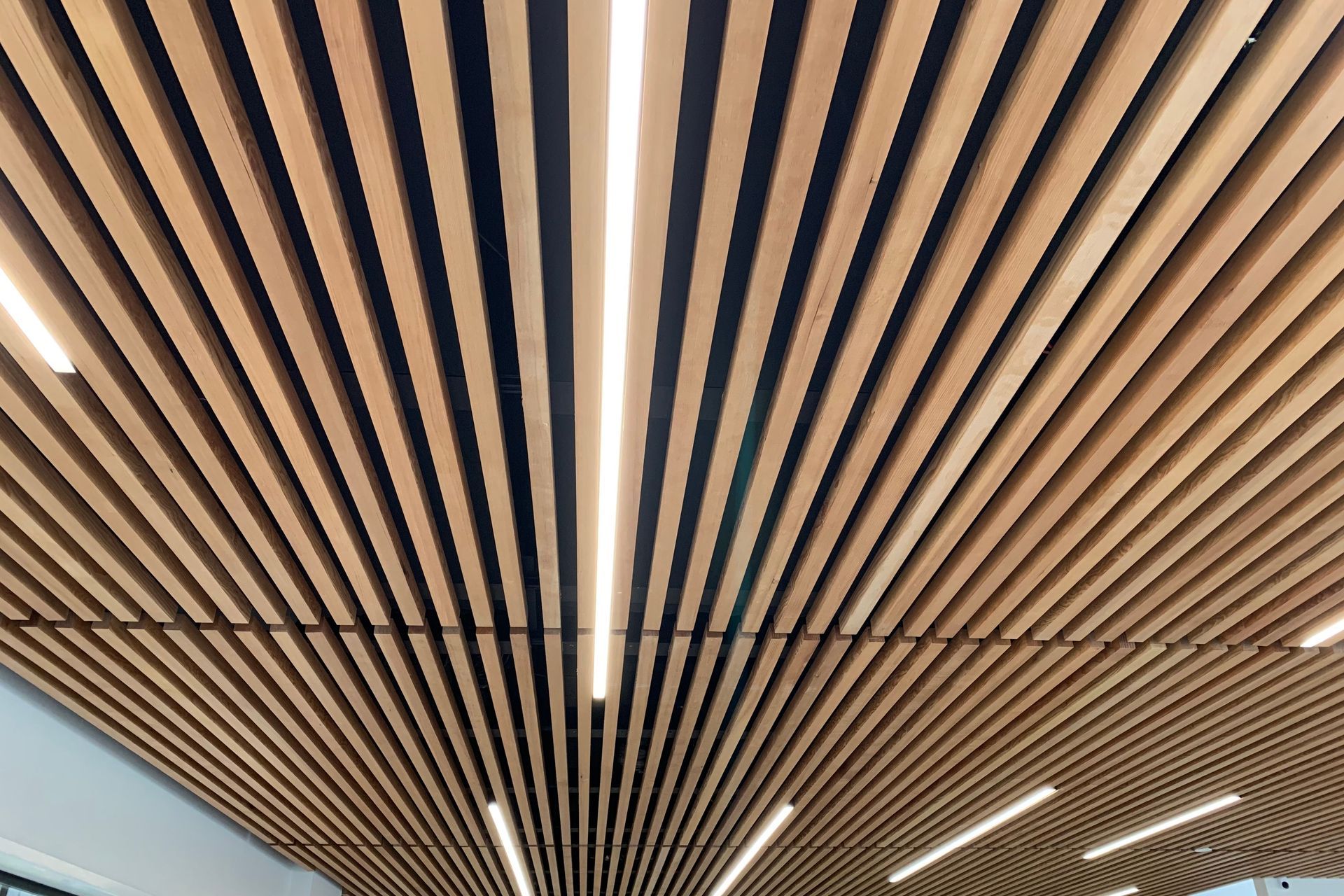 Linear LED lights incorporated into a western hemlock feature ceiling.