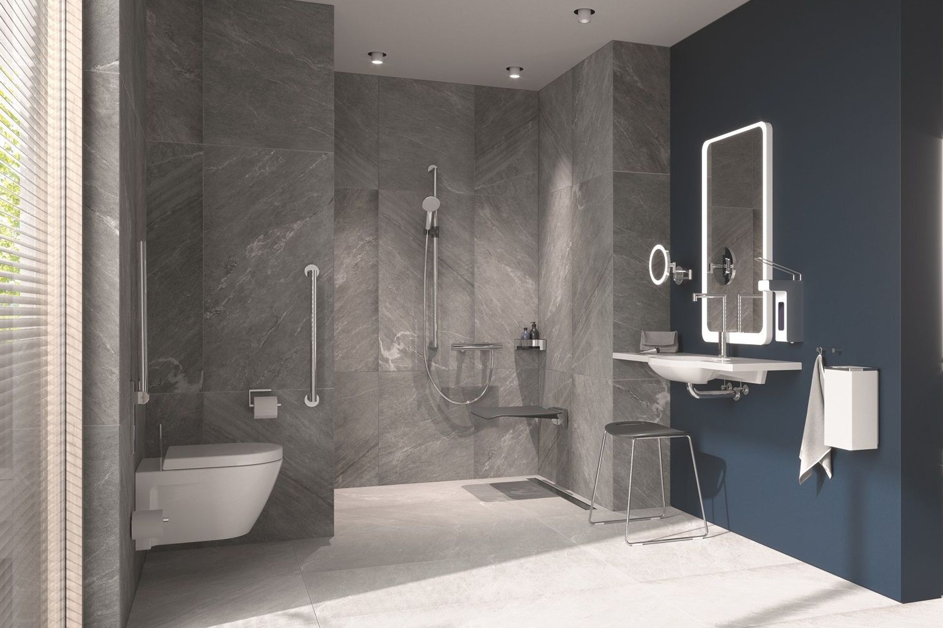 System 900 Bathroom Rails in Chrome by Hewi. Basin, mirror and accessories by Hewi