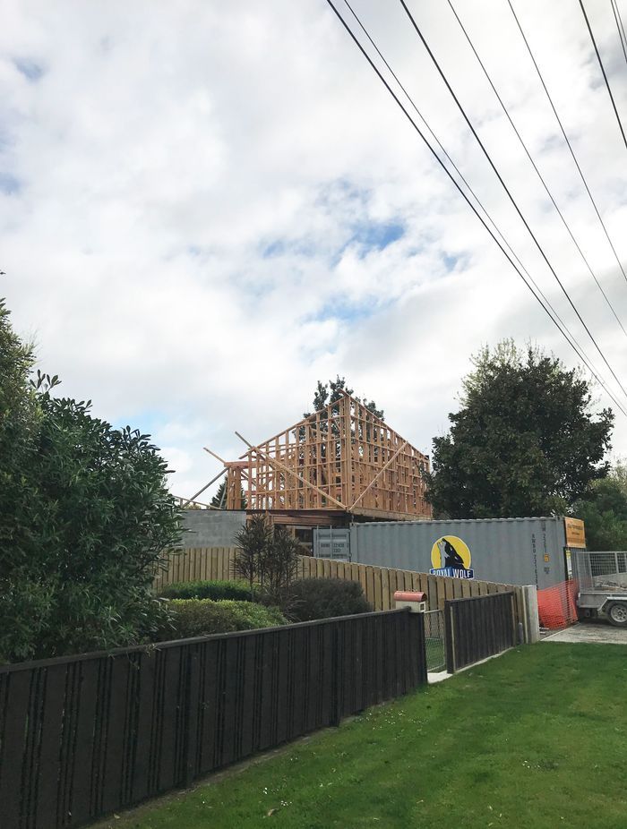 Looking in from the Southern boundary where you can see the blockwall that will frame the carport and the second storey cantilever at the front of the house.