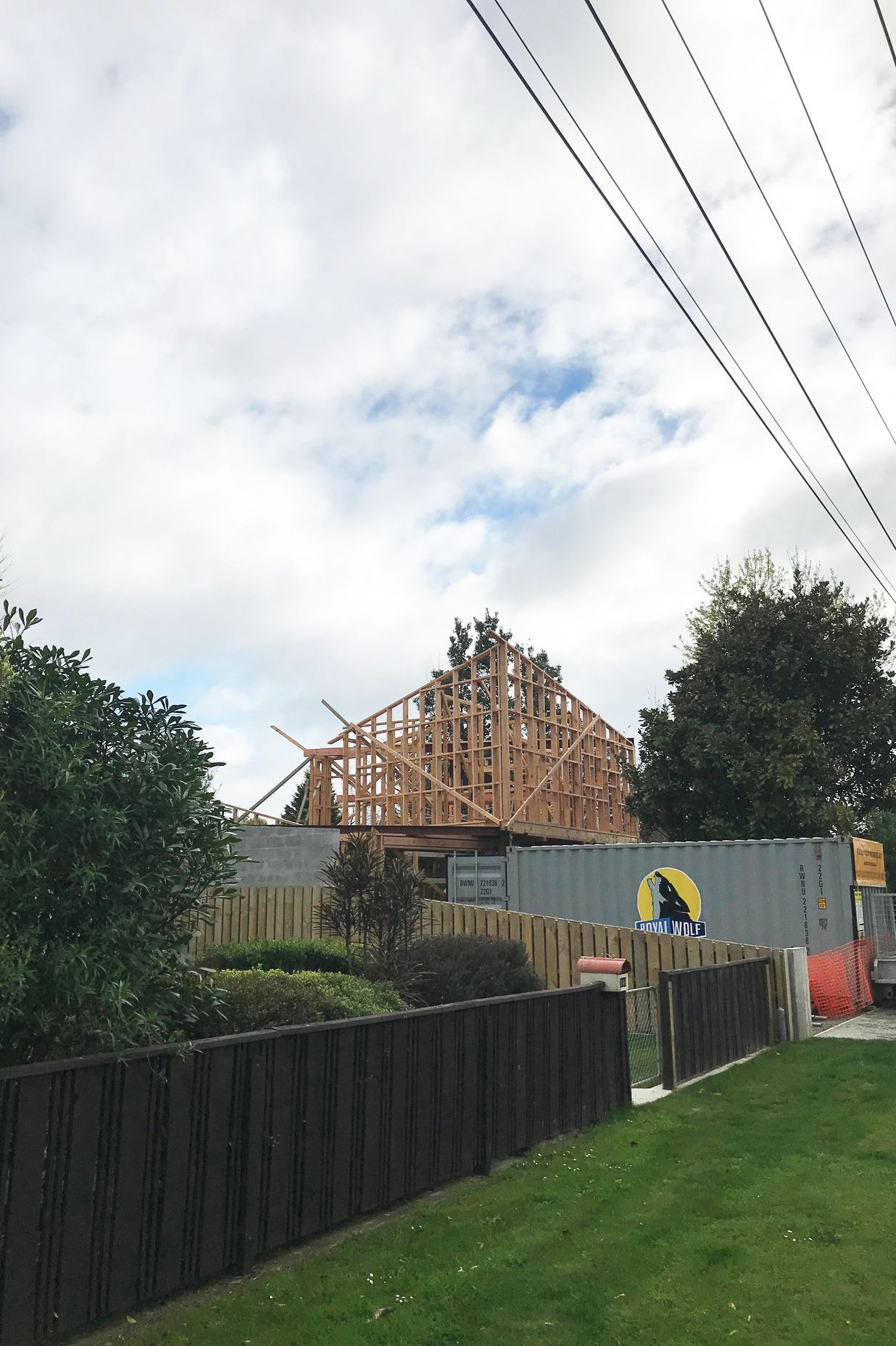 Looking in from the Southern boundary where you can see the blockwall that will frame the carport and the second storey cantilever at the front of the house.