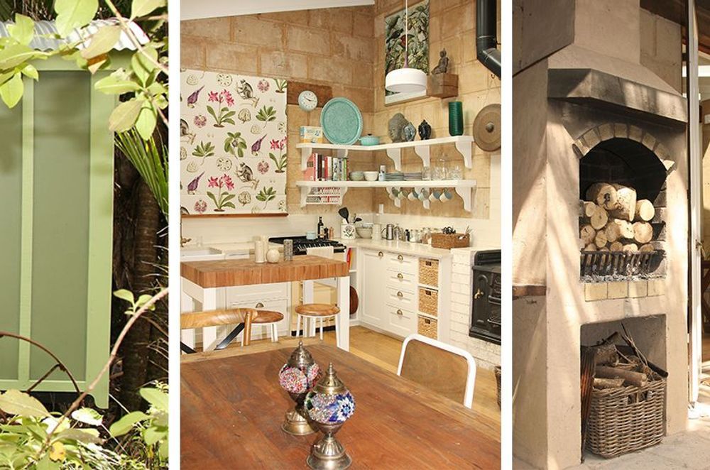 This Piha cottage has a gypsy caravan in the garden as a guest bedroom. Shades of green blends it into the bush-clad environment and the rustic interior design, with caramel breeze blocks used on internal walls and the outside fireplace.