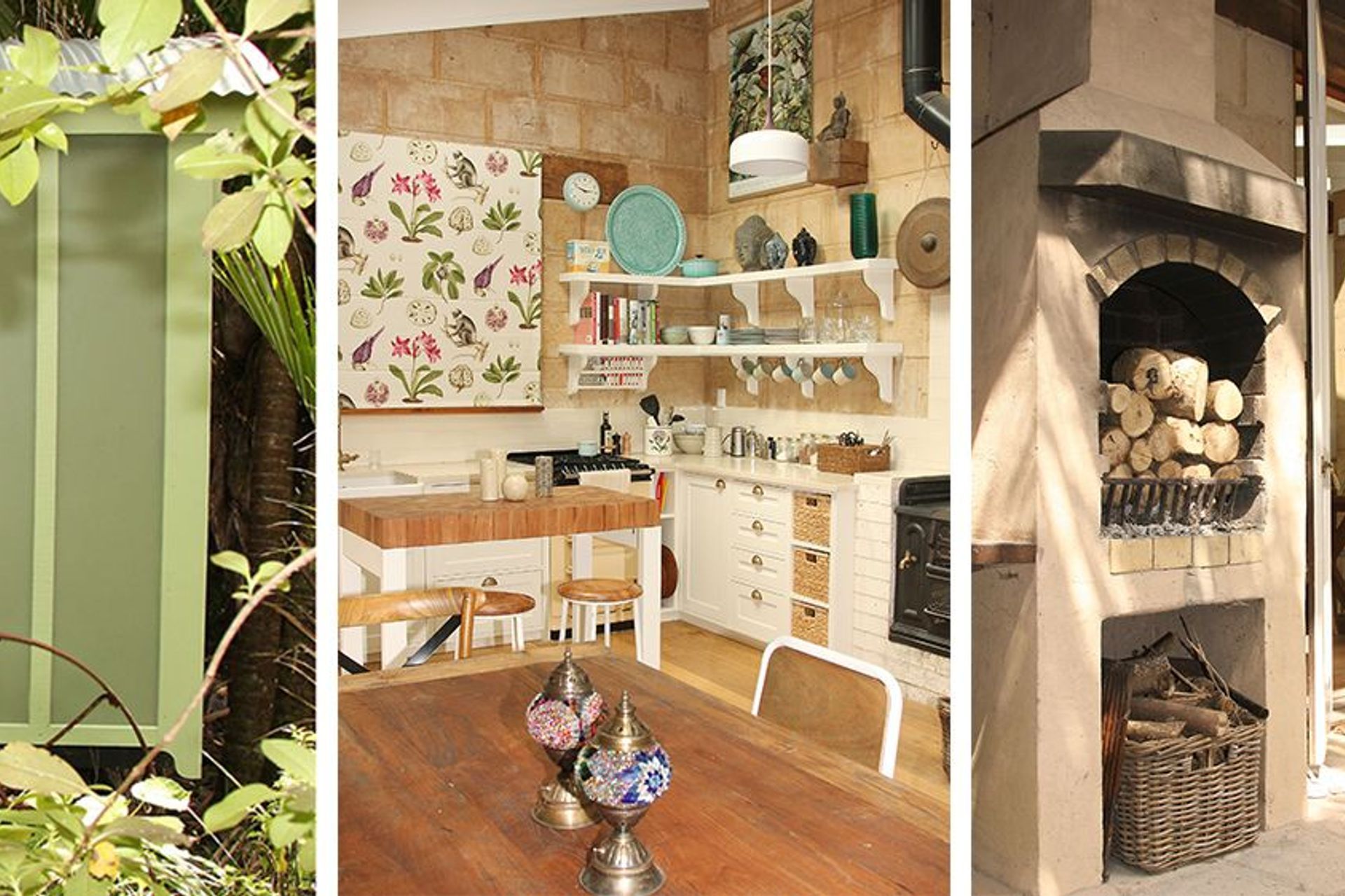 This Piha cottage has a gypsy caravan in the garden as a guest bedroom. Shades of green blends it into the bush-clad environment and the rustic interior design, with caramel breeze blocks used on internal walls and the outside fireplace.