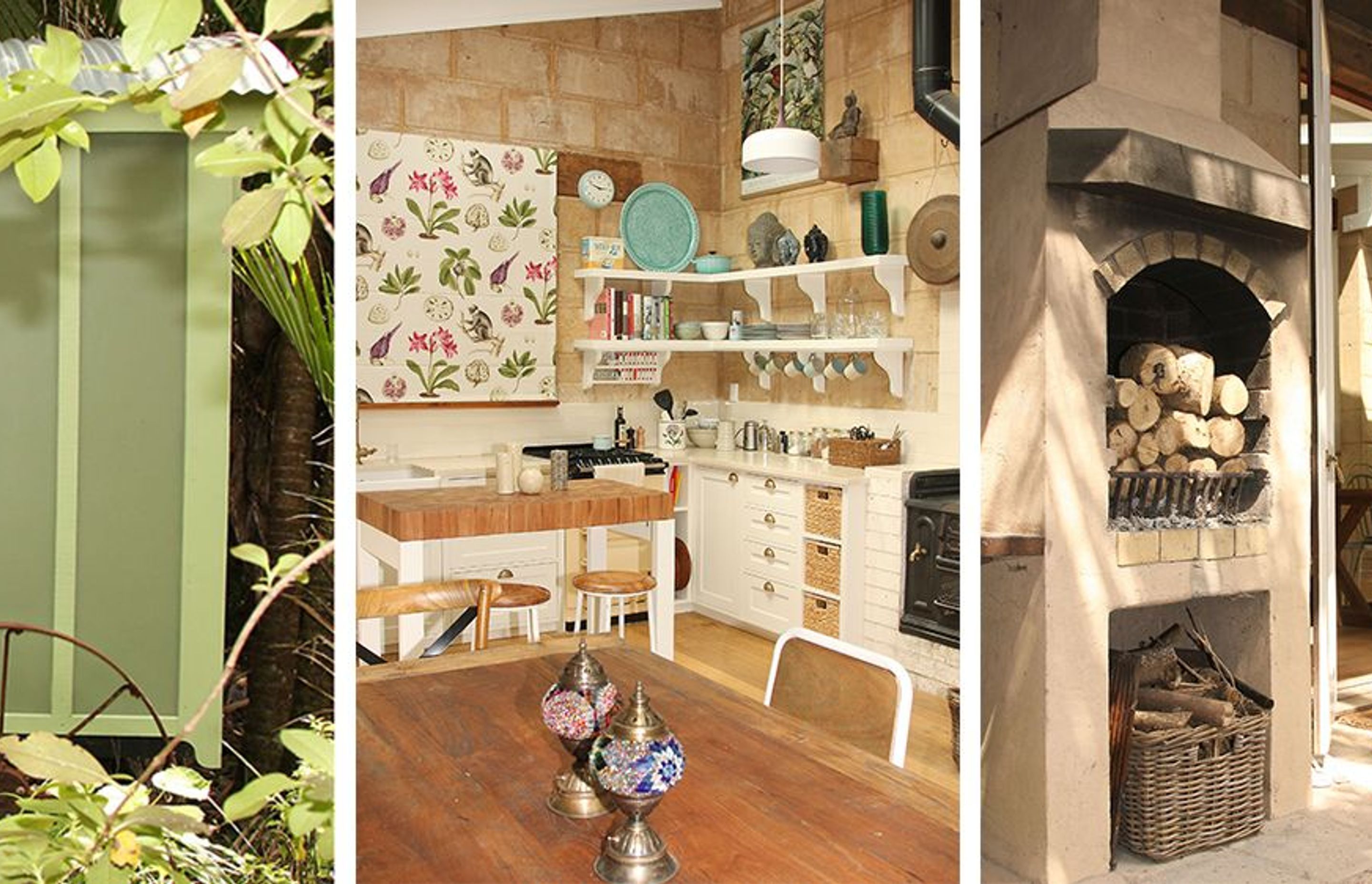 This Piha cottage has a gypsy caravan in the garden as a guest bedroom. Shades of green blends it into the bush-clad environment and the rustic interior design, with caramel breeze blocks used on internal walls and the outside fireplace.