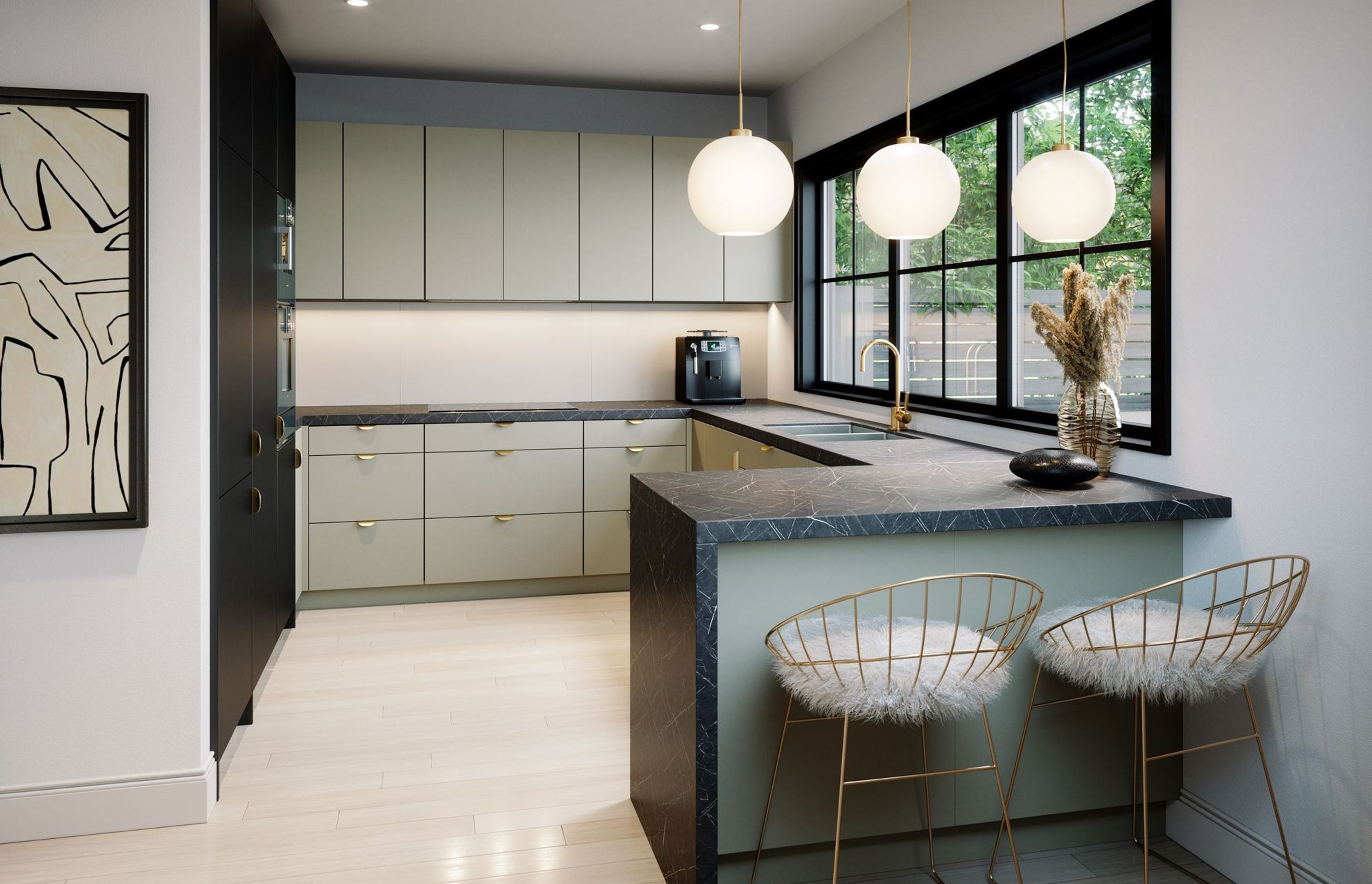 Benchtop in Laminex™ Laminate Nero Grafite, Cabinetry in Melteca® Dawn Grey and Melteca® Black Pearl, Splashback in Seratone® Sandy Bay