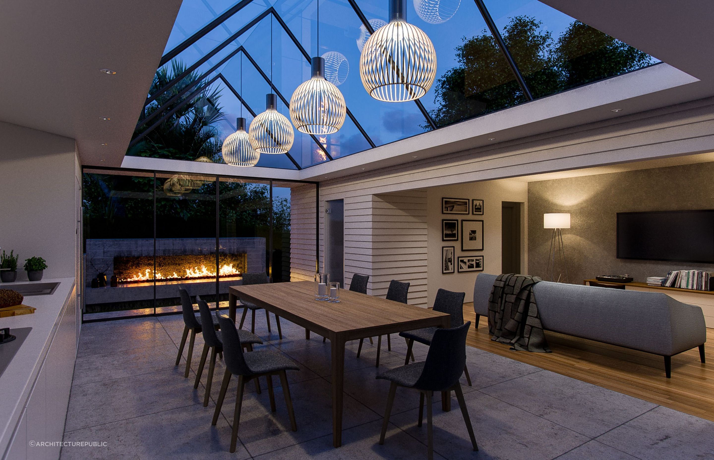 An excellent example of multiple pendant lights over a dining table at the House of Thresholds by Architecturepublic.