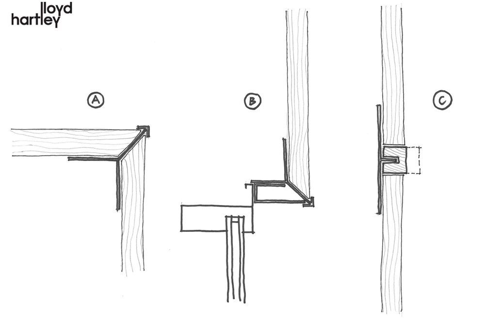 Lloyd Hartley's detail sketches of vertical shiplap cedar weatherboards shows the transition from weatherboard to weatherboard and relates to the sketch below.