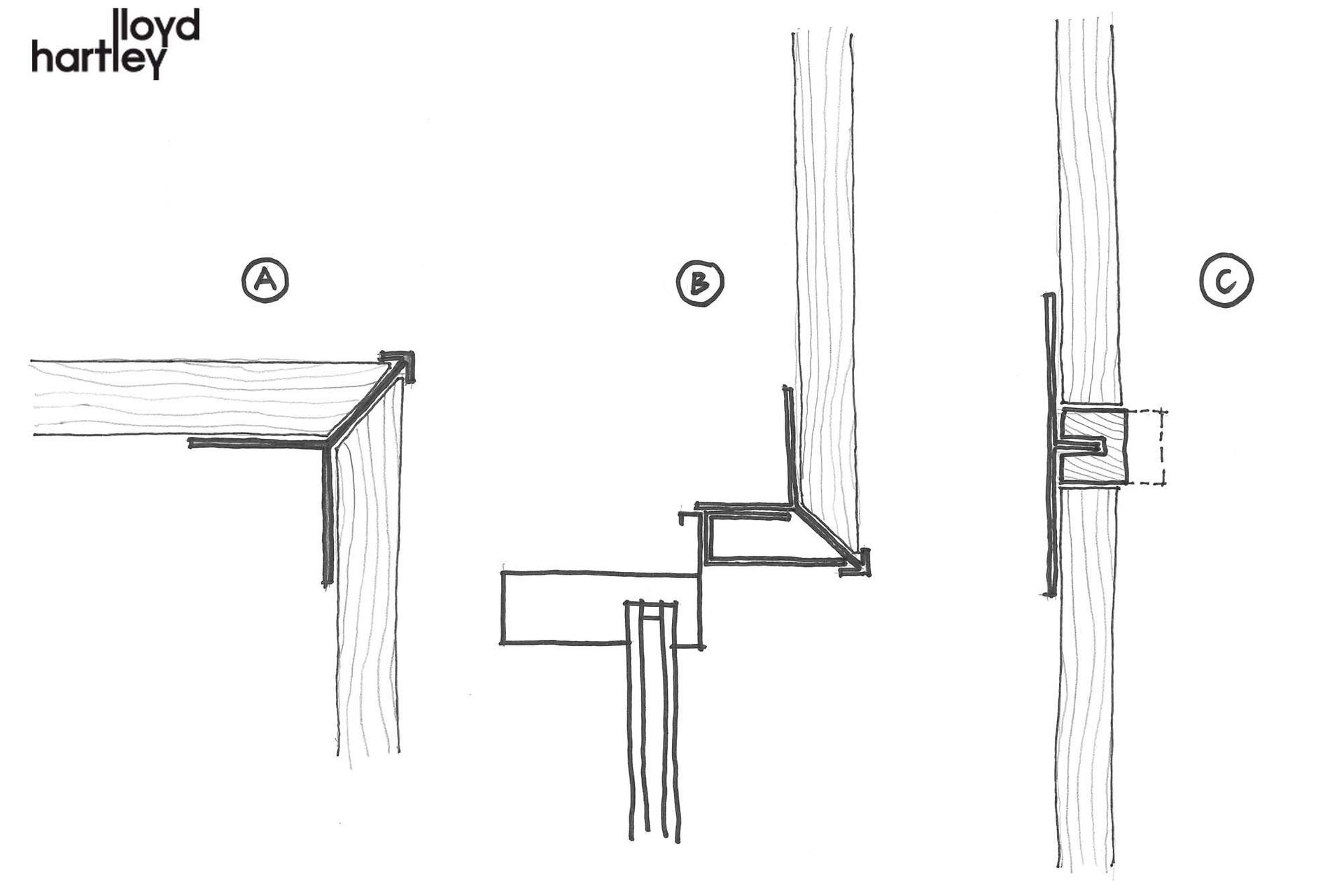 Lloyd Hartley's detail sketches of vertical shiplap cedar weatherboards shows the transition from weatherboard to weatherboard and relates to the sketch below.