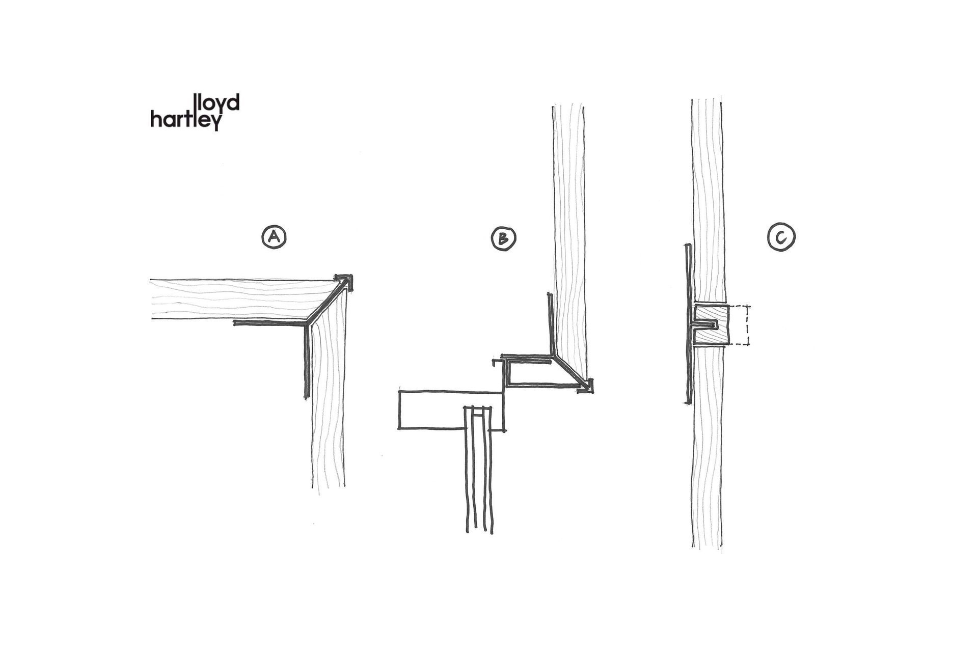Lloyd Hartley's detail sketches of vertical shiplap cedar weatherboards shows the transition from weatherboard to weatherboard and relates to the sketch below.
