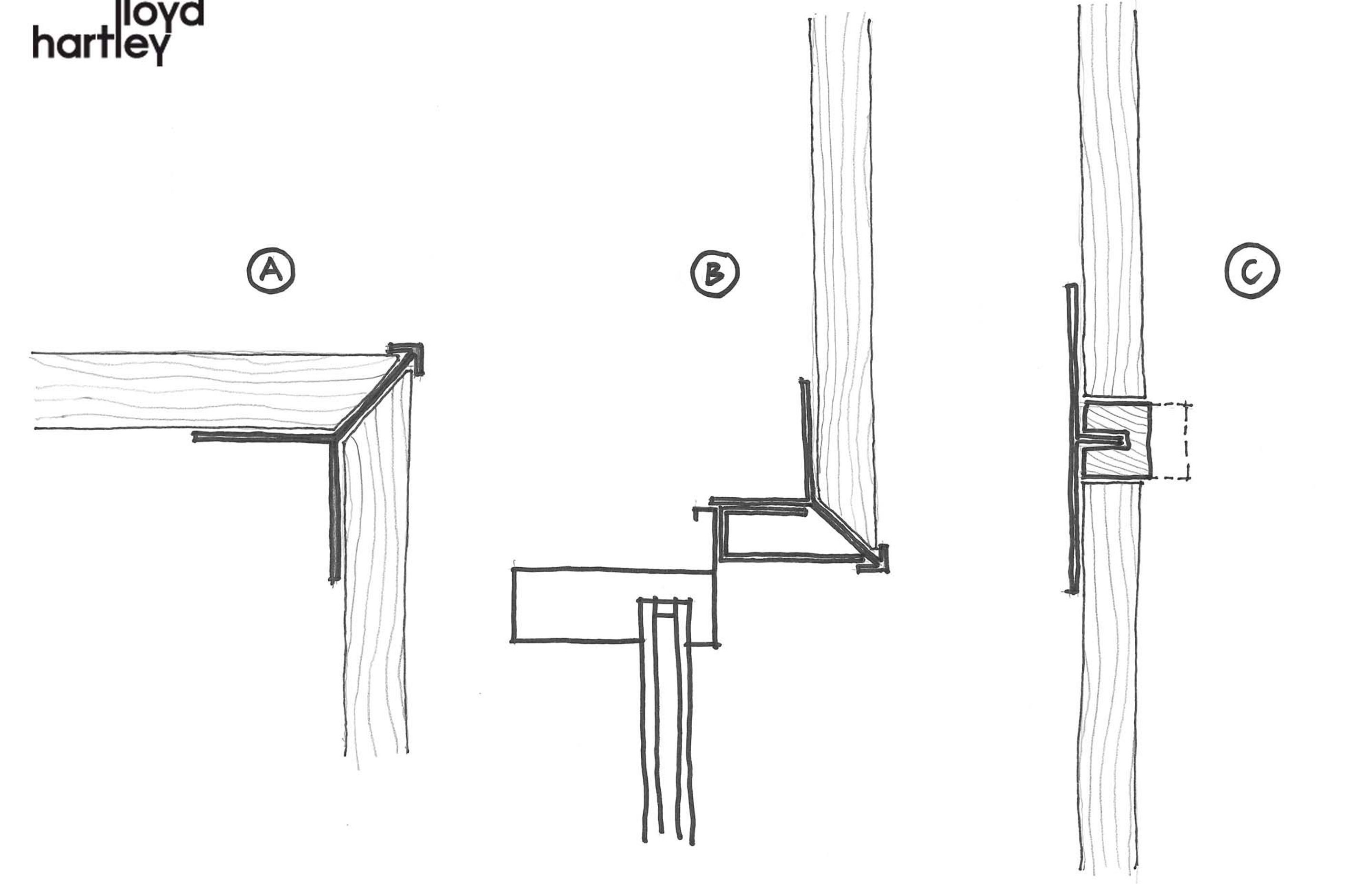Lloyd Hartley's detail sketches of vertical shiplap cedar weatherboards shows the transition from weatherboard to weatherboard and relates to the sketch below.