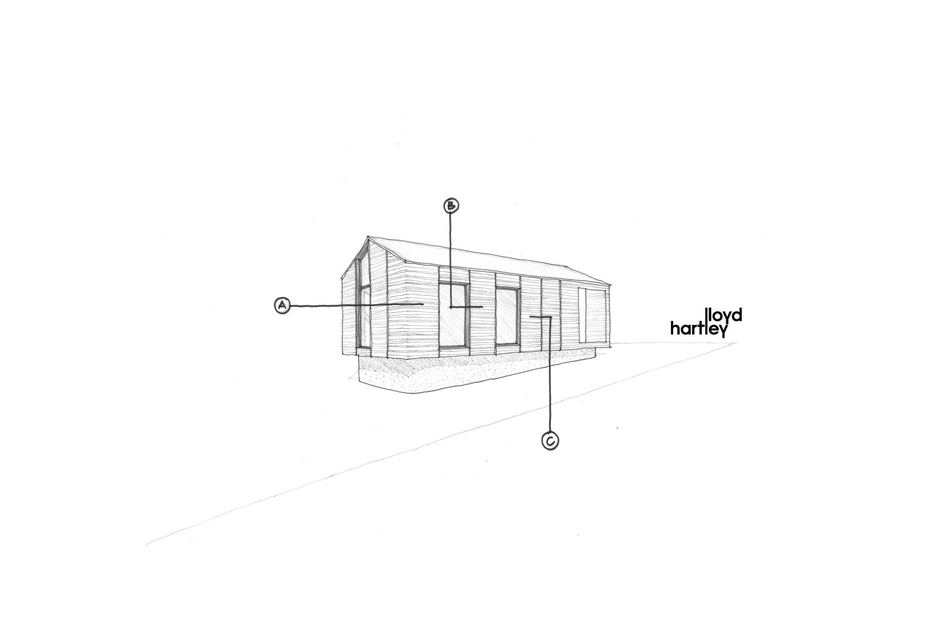 Lloyd Hartley's elevation sketch shows the transition from weatherboard to weatherboard. The A, B and C relate to the detail sketch above.