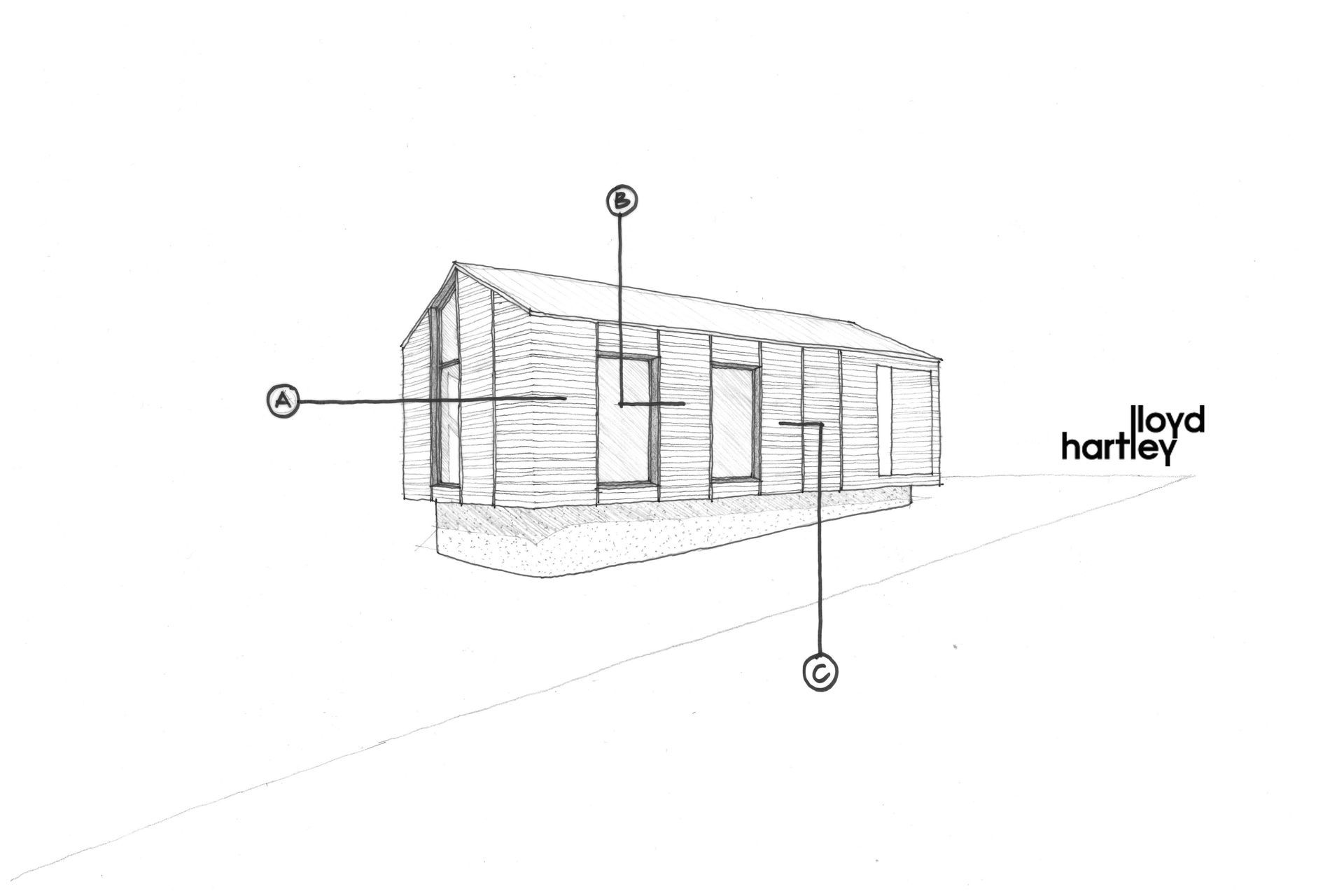 Lloyd Hartley's elevation sketch shows the transition from weatherboard to weatherboard. The A, B and C relate to the detail sketch above.