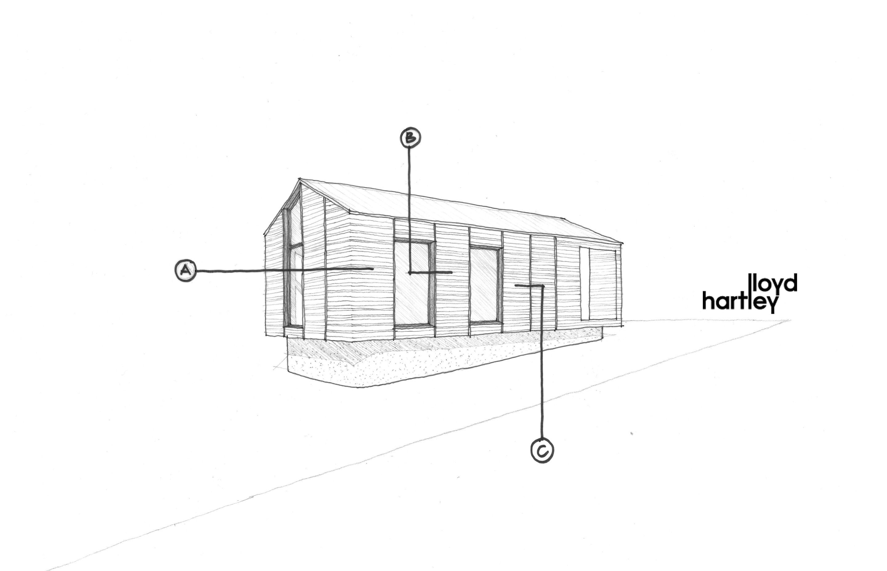Lloyd Hartley's elevation sketch shows the transition from weatherboard to weatherboard. The A, B and C relate to the detail sketch above.