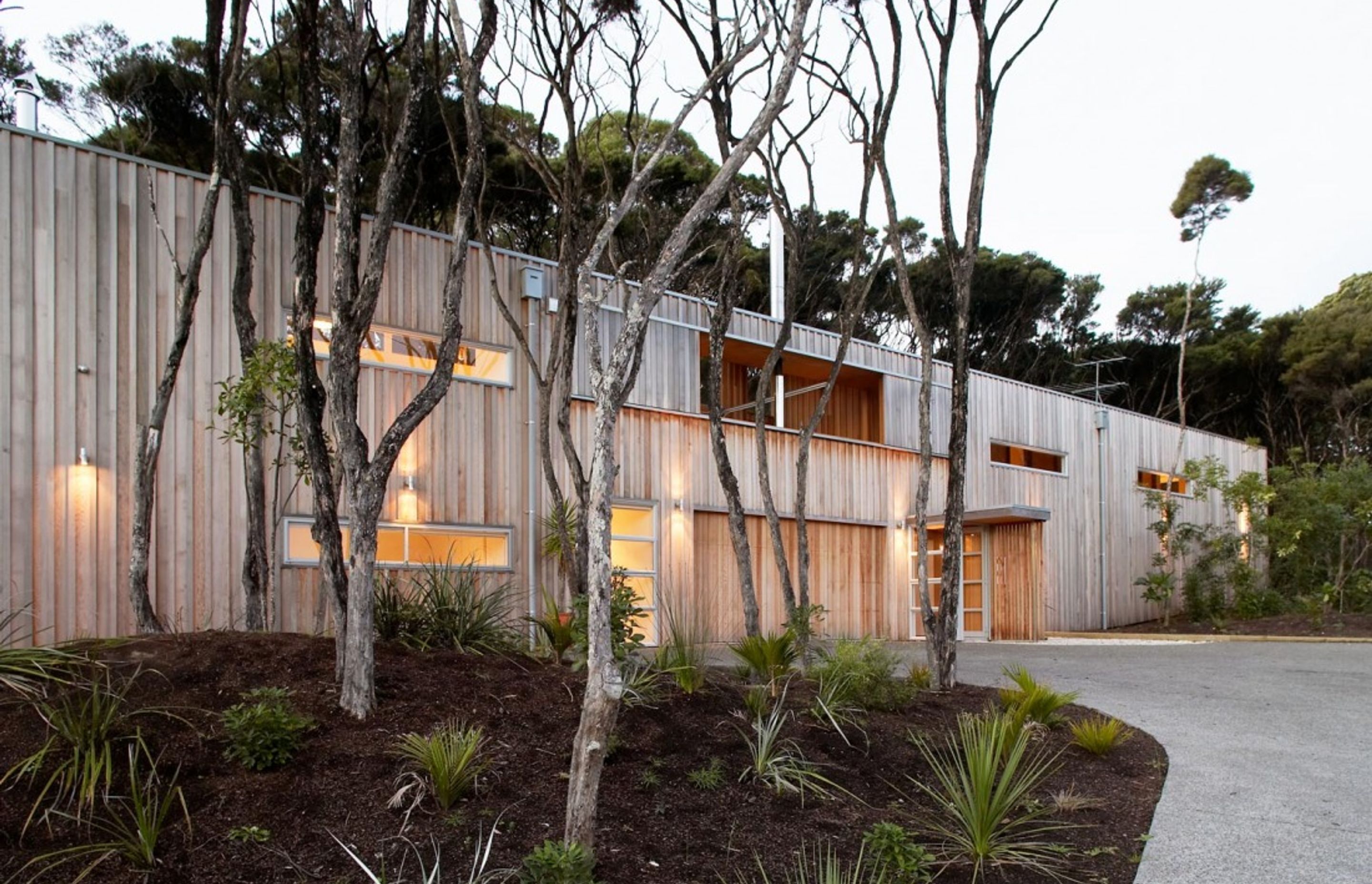 Point House is clad in vertical western red cedar, left to weather to respond to the surrounding Kanuka trees on the site. By Strachan Group Architects. Photo by Patrick Reynolds.