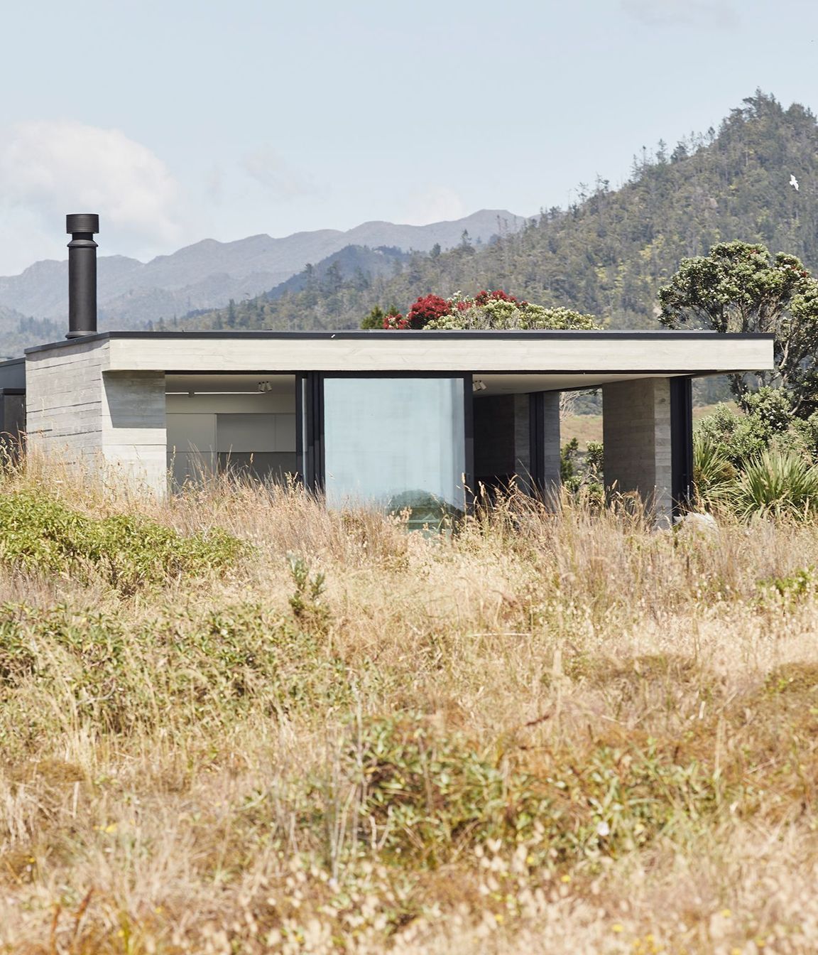 The house sits low in the coastal grasses, appearing to hug the dunes to the east while bunker-like in form to the west