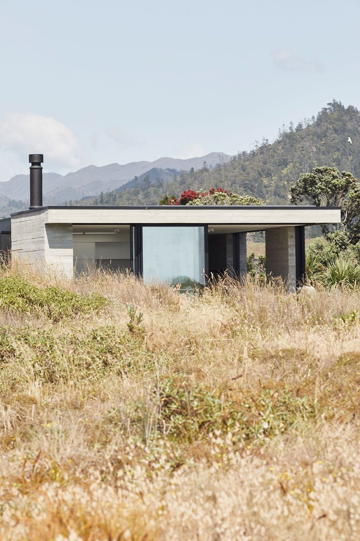 The house sits low in the coastal grasses, appearing to hug the dunes to the east while bunker-like in form to the west
