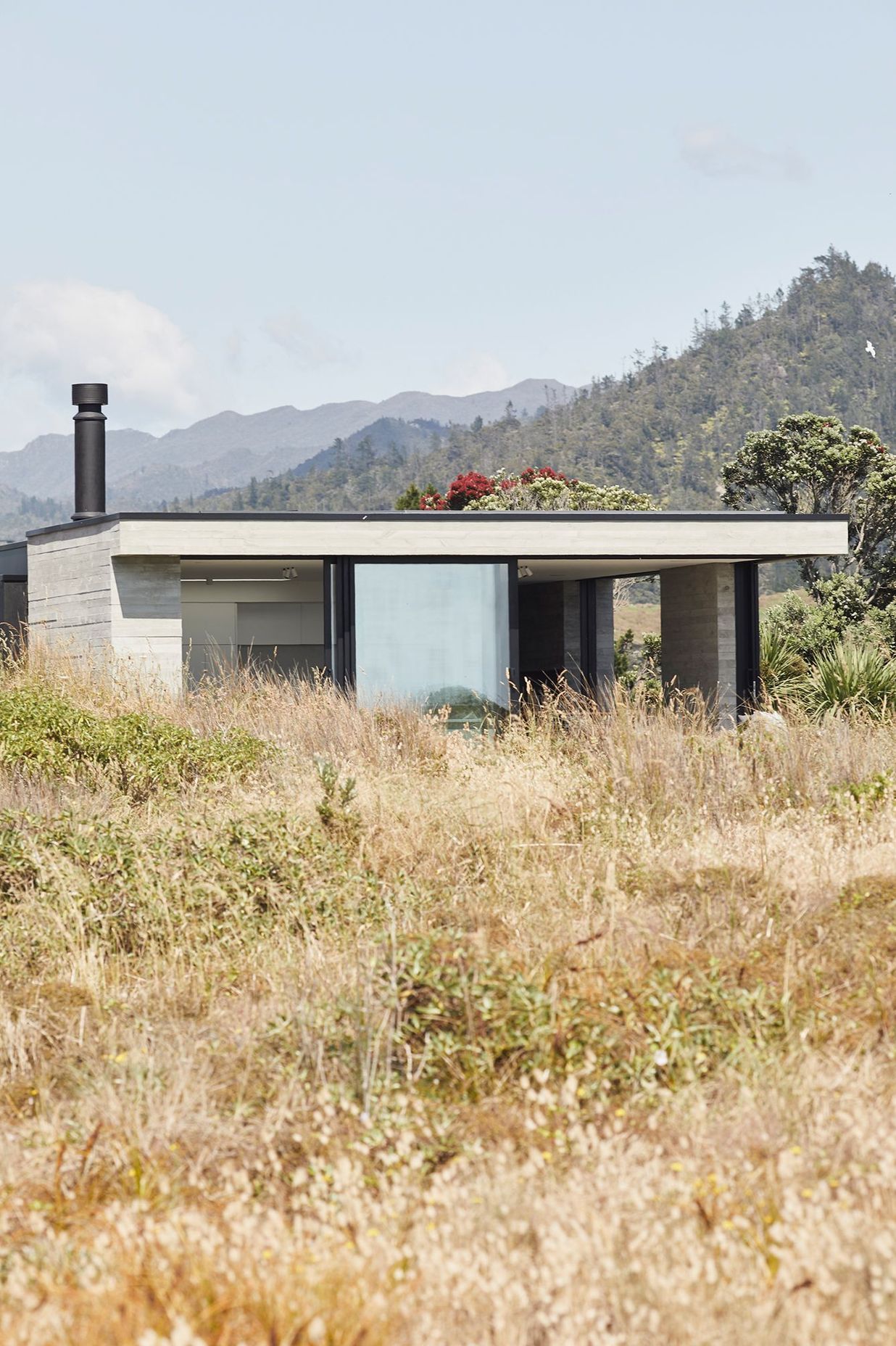 The house sits low in the coastal grasses, appearing to hug the dunes to the east while bunker-like in form to the west