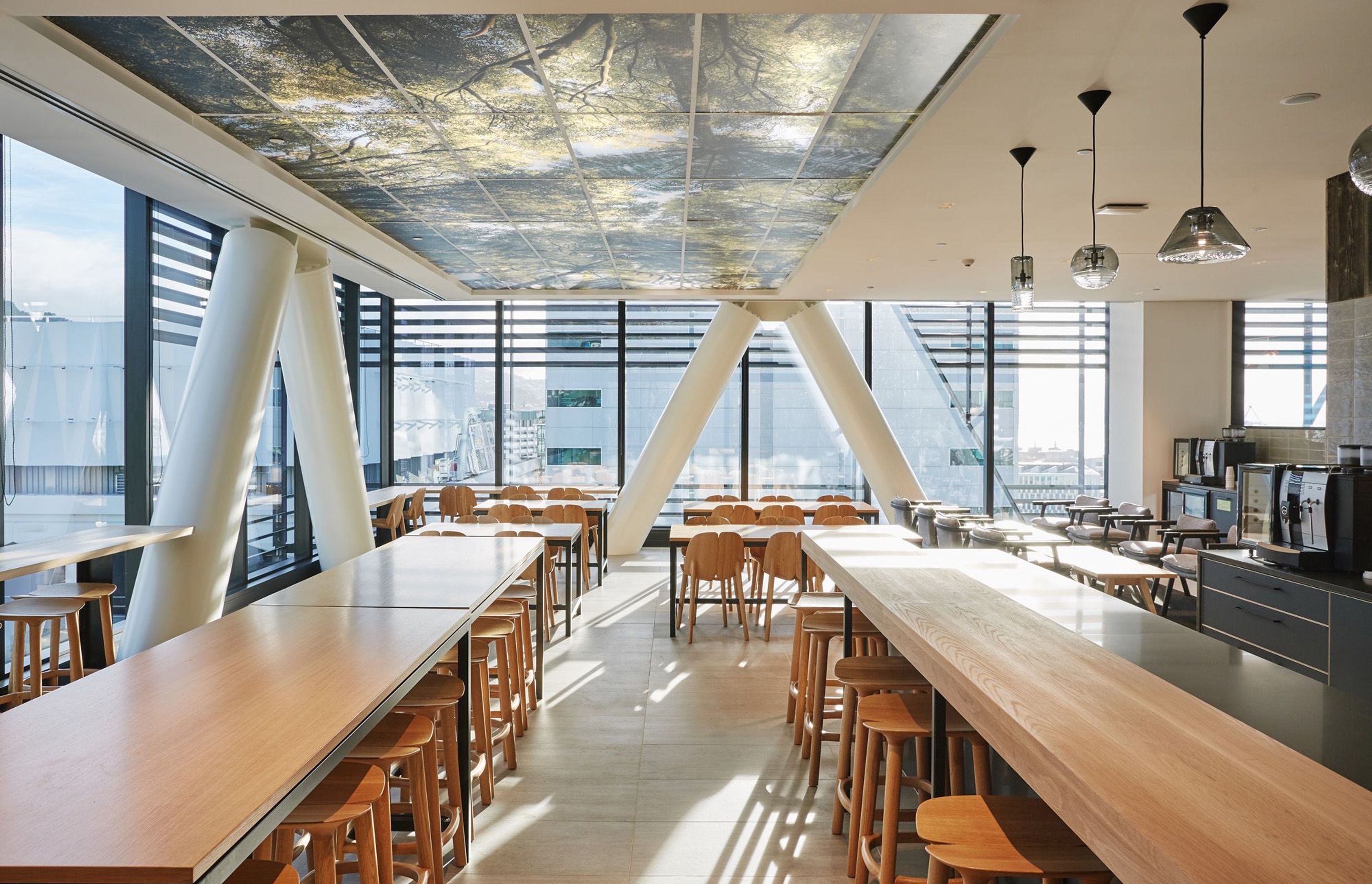 A view of neighbouring buildings from the staff cafe, framed by the diagrid structural members.