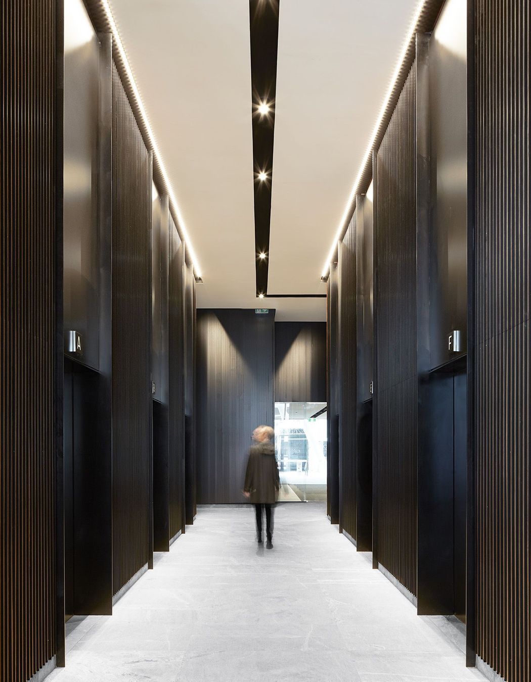 The circulation space running between the main doors on the ground floor.