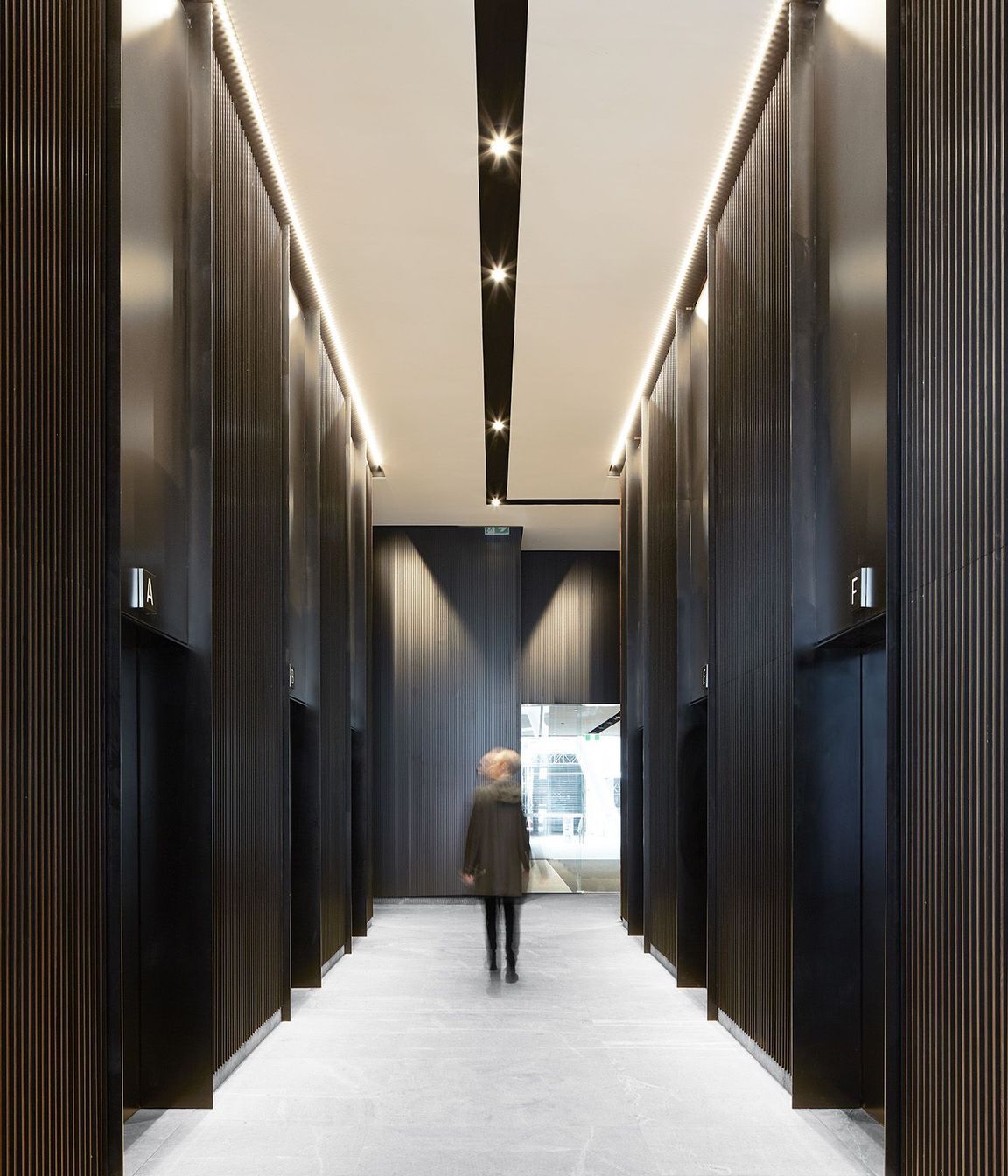 The circulation space running between the main doors on the ground floor.