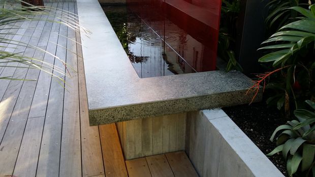 Close-up architectural view of a landscaped outdoor courtyard or terrace featuring a narrow reflecting pool with dark red wall cladding, a thick speckled stone or concrete coping, timber decking, and a recessed concrete planter or seating edge surrounded by dense tropical planting.
