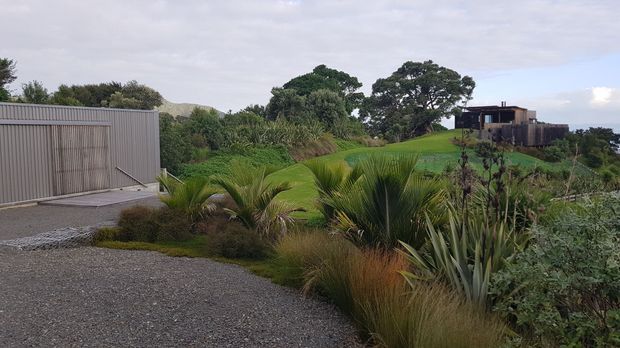 A landscaped residential property viewed from a broad gravel driveway or forecourt. The scene features native-looking grasses, palms, flax-like plants, shrubs, mature trees, and a gently sloping lawn leading toward a dark contemporary building in the background. A simple corrugated metal-clad outbuilding or garage is visible on the left beneath an overcast sky.