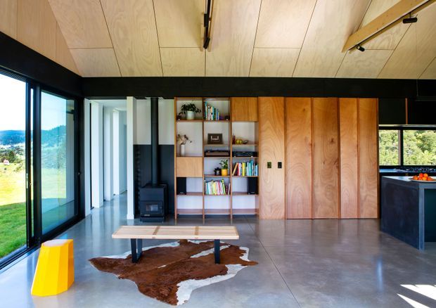 Open-plan contemporary living area with polished concrete flooring, extensive black-framed glazing, a pale plywood-lined ceiling, and warm timber built-in cabinetry. A central open bookshelf and fireplace sit beside full-height timber storage doors, while a compact island or kitchen area is visible at the right. The room is bright and connected to a green landscape outside, with a low timber coffee table and hide rug in the foreground.