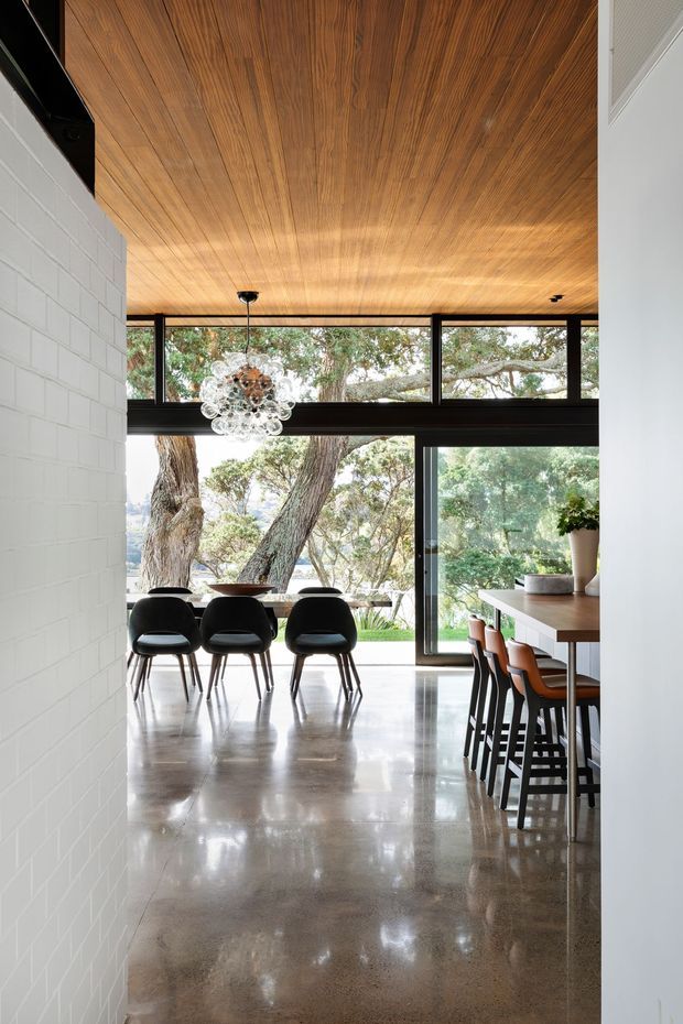 A bright, contemporary open-plan dining area viewed from a hallway or doorway. The room features a polished concrete floor, a warm timber-lined ceiling, full-height black-framed glazing with views to mature trees, a sculptural glass pendant light, a dining table with stools, and a separate dark dining table with black chairs. A white painted brick wall contrasts with the timber and concrete finishes.