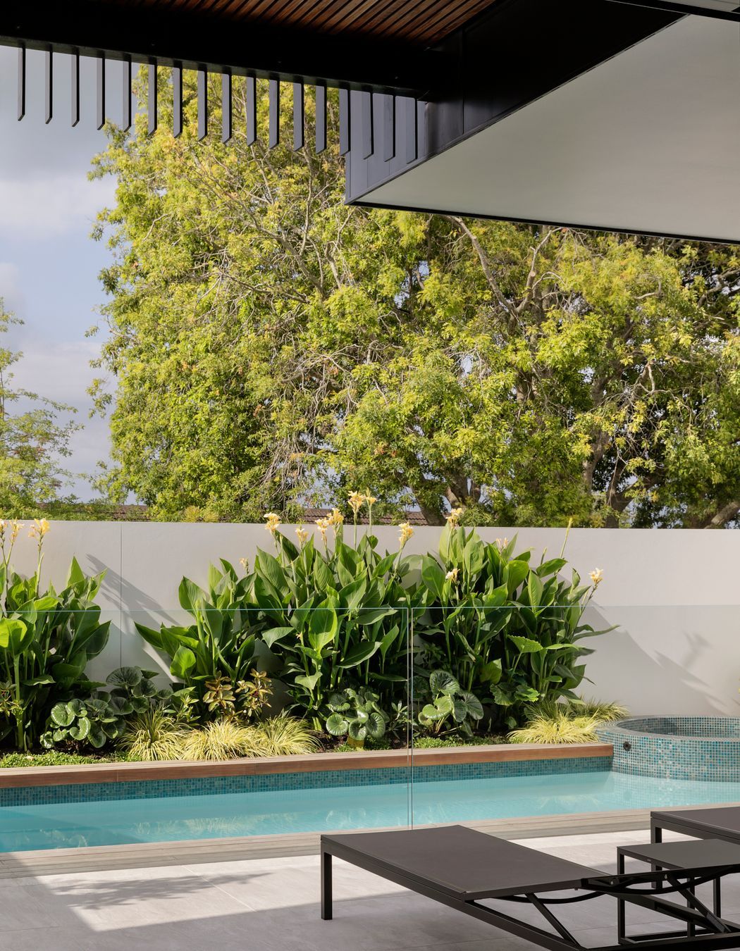 The upper storey cantilevers over the pool area, providing shade to the front courtyard.