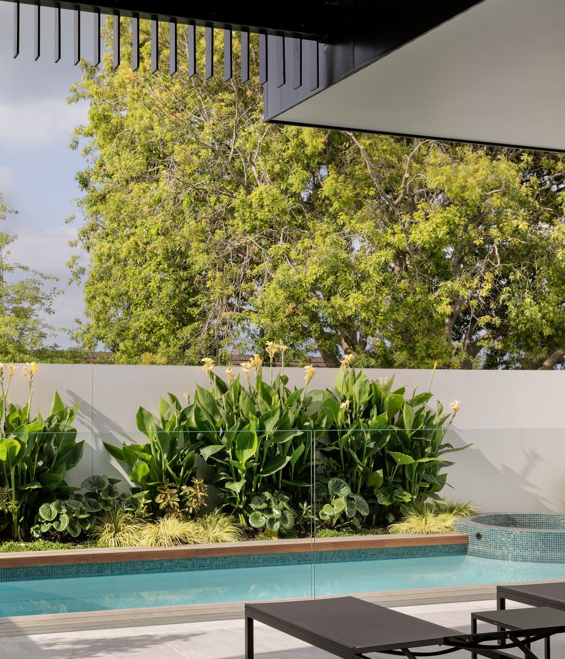 The upper storey cantilevers over the pool area, providing shade to the front courtyard.