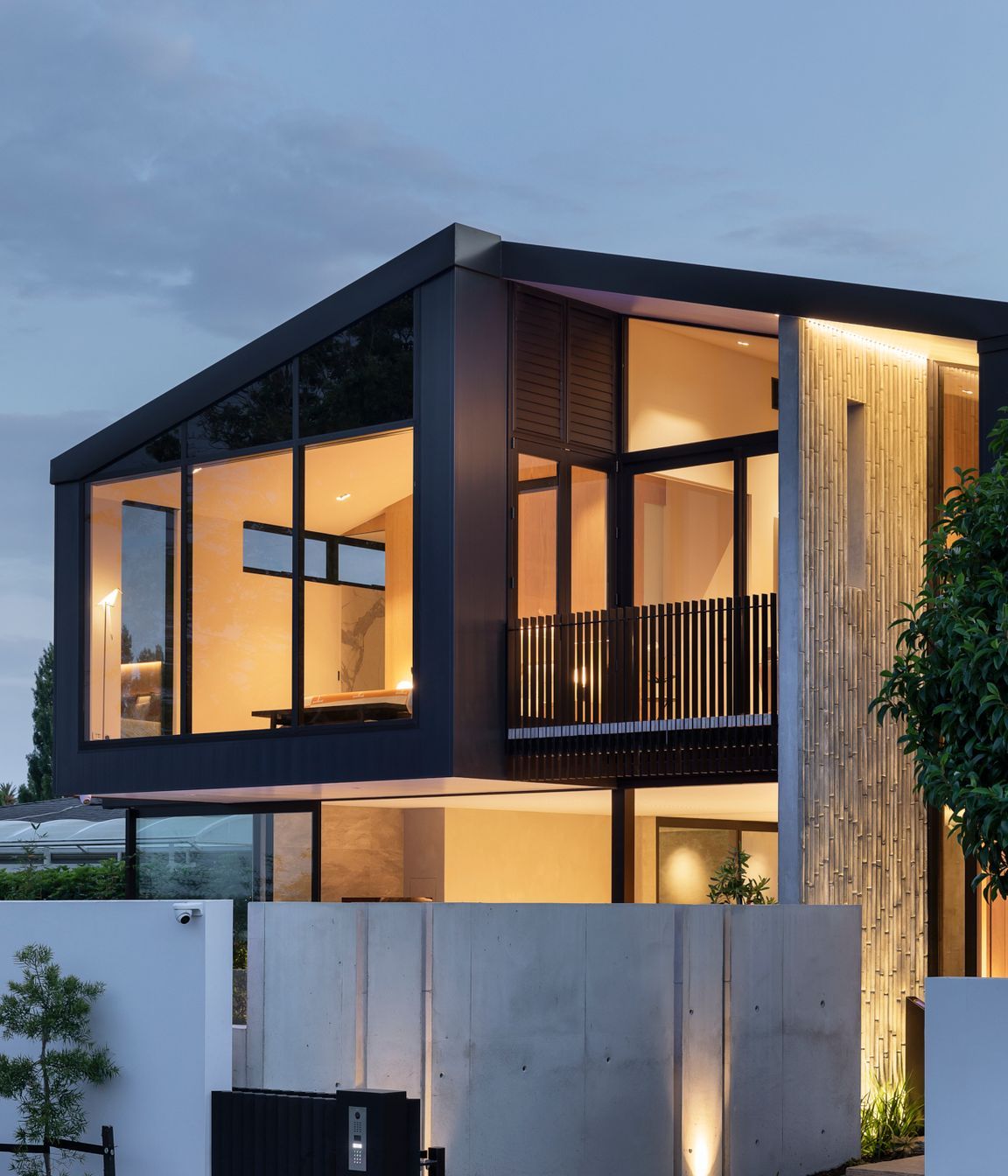 A relatively narrow north-facing site meant the pool and main living areas needed to occupy the front yard, while a driveway leads to the garage located in the middle of the house.