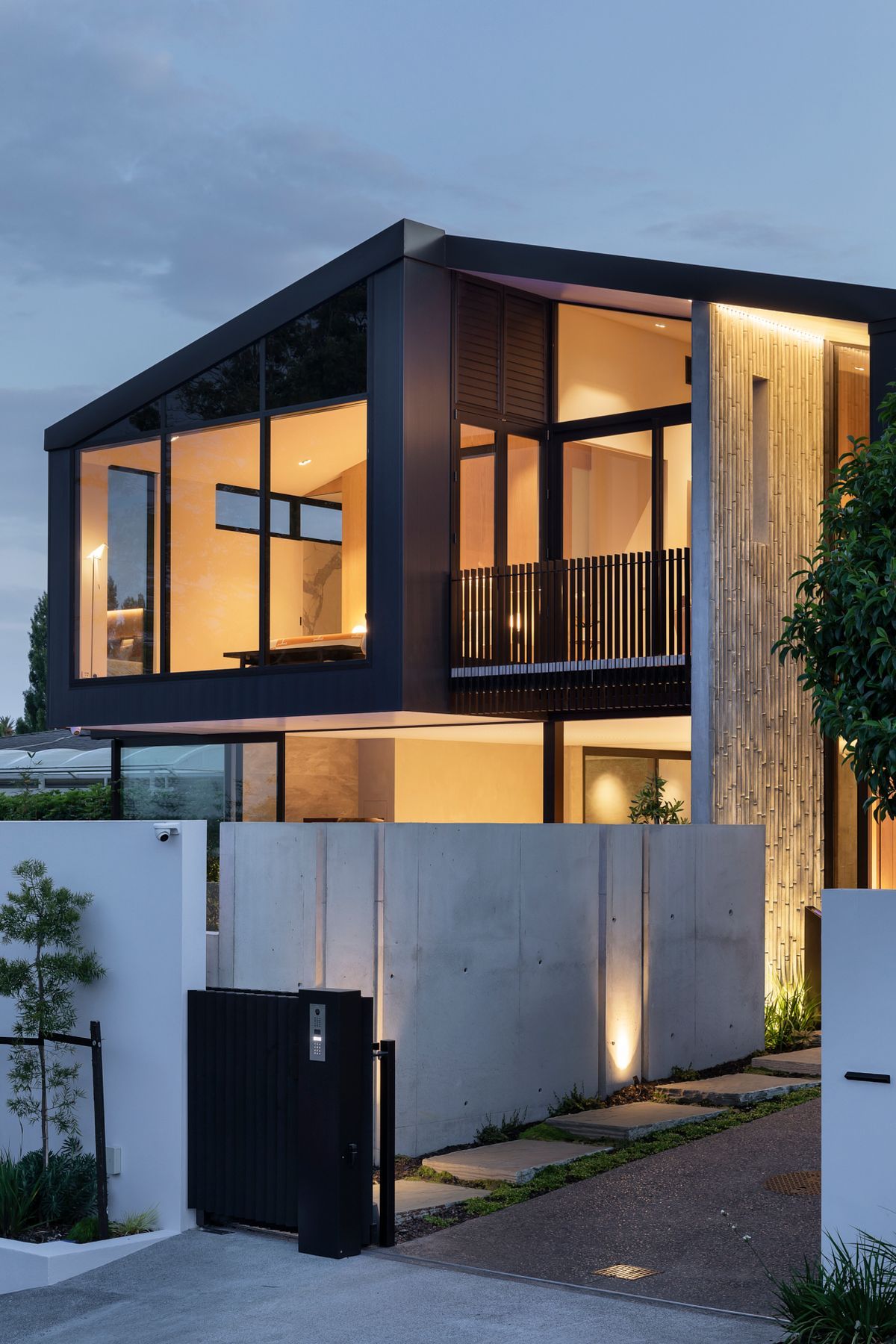 A relatively narrow north-facing site meant the pool and main living areas needed to occupy the front yard, while a driveway leads to the garage located in the middle of the house.