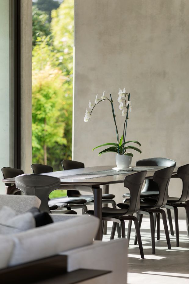 A refined dining area with a large dark rectangular dining table surrounded by sculptural dark chairs, positioned beside expansive floor-to-ceiling glazing overlooking lush greenery. A white orchid in a simple pot forms the table centrepiece, while a pale upholstered sofa and dark coffee table are visible in the foreground. The room has a tall, softly textured neutral wall, abundant natural light, and a restrained contemporary aesthetic.