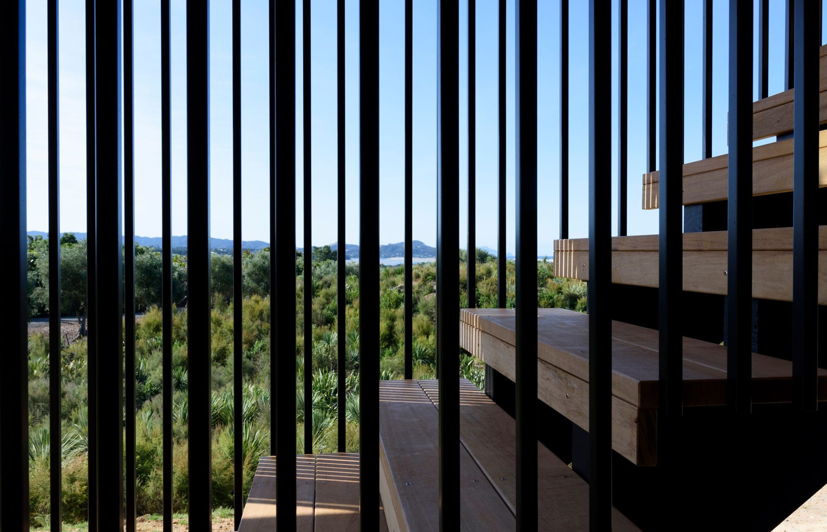 Vertical aluminium fins juxtapose the timber cladding while maintaining a simple material palette. 