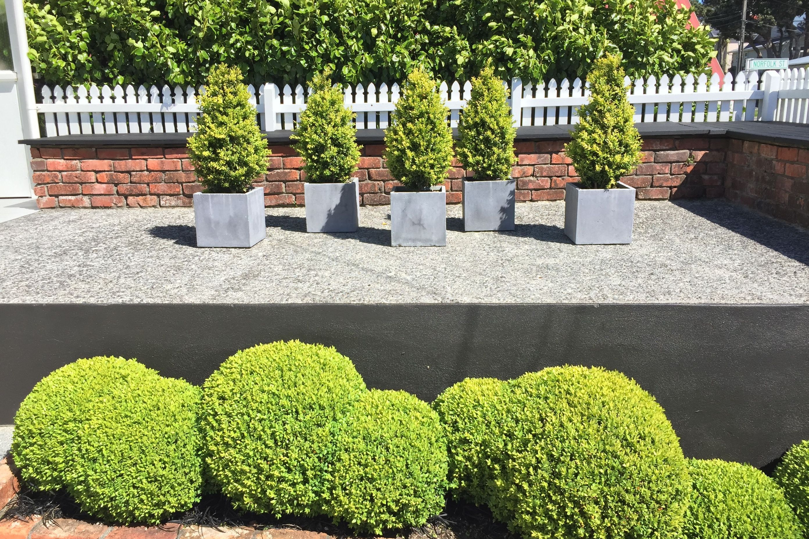 Hard landscaping textures and bold structural planting, Northland.