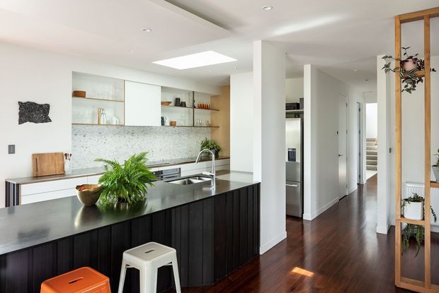 Bright contemporary open-plan kitchen viewed toward a hallway, with a large dark island, white cabinetry, open timber shelving, pale speckled backsplash, stainless-steel appliances and polished dark timber flooring. A timber-framed open screen with plants separates the kitchen from the circulation space. A skylight and recessed ceiling lights provide abundant natural and artificial light.