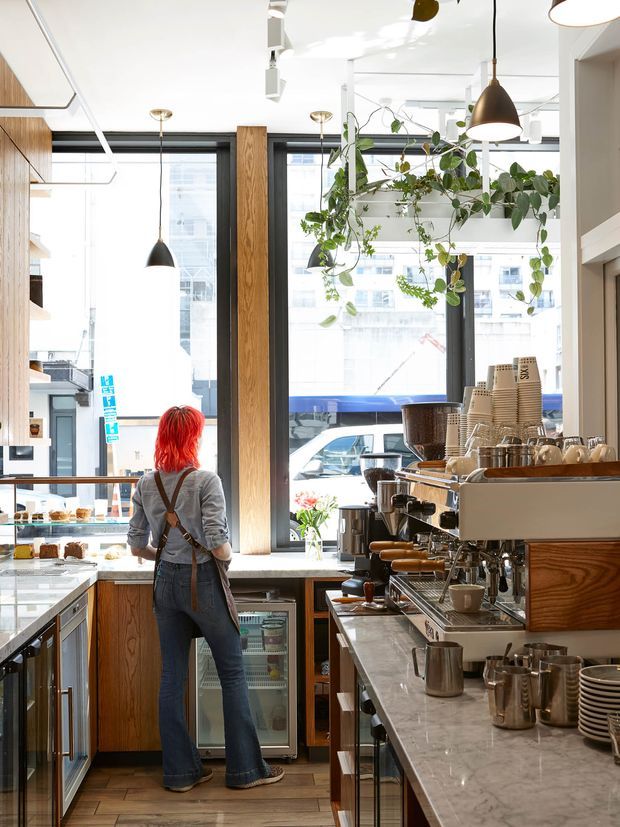 Bright, compact contemporary café interior viewed from behind the service counter. The space features a commercial espresso machine, marble-look counter, timber cabinetry and wall panelling, black-framed floor-to-ceiling windows, pendant lighting, hanging greenery, display cases, and a barista workstation.