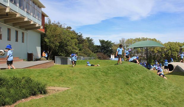 A sunny outdoor lawn beside a multi-storey contemporary building, with children and adults gathered around a large green shade umbrella and play structures. The scene includes a landscaped grassy slope, timber decking, fencing, and mature trees.