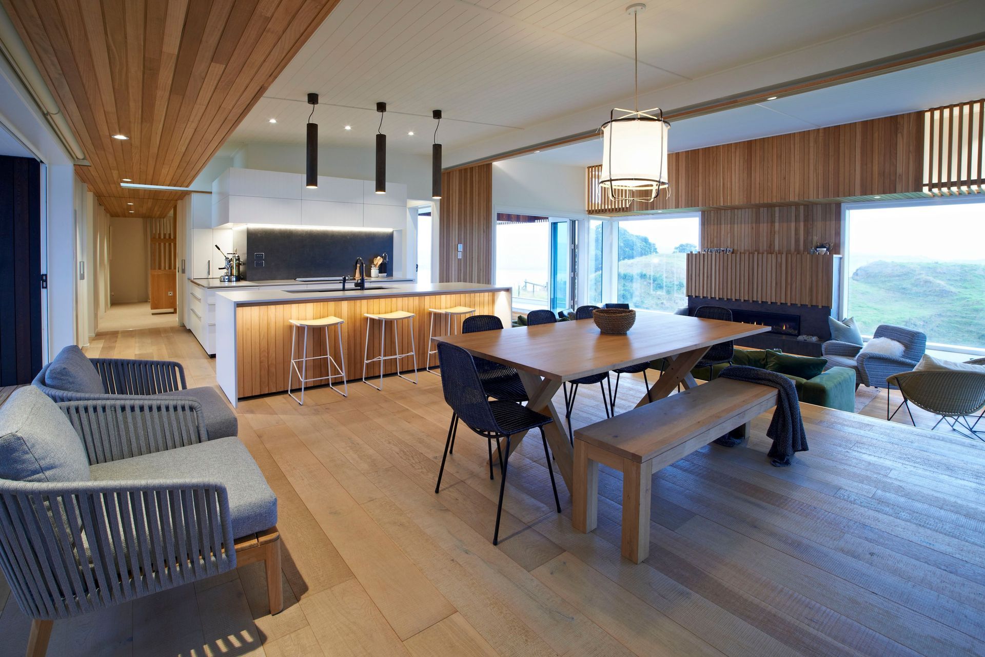 Split level rooms add an interesting aspect and a timber theme throughout add to the chilled vibes.