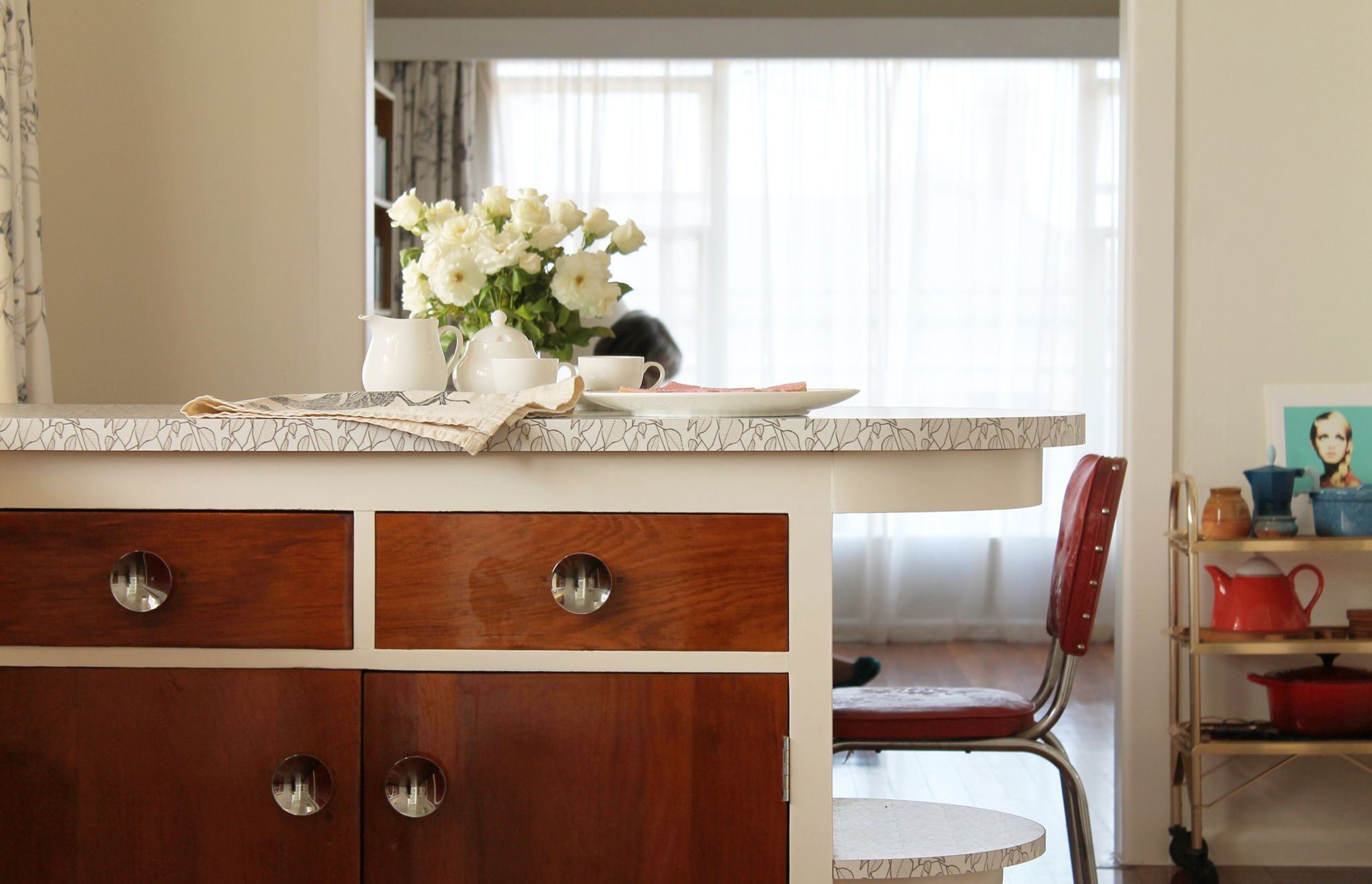 A close up of the Formica custom pattern that we designed and fabricated for the counter using the older manufacturing techniques.