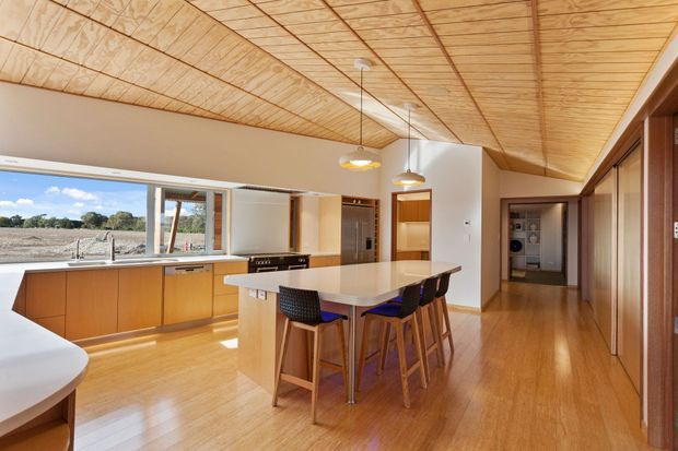 Open-plan kitchen and dining area with extensive light timber finishes. The room features a large central island with seating, timber cabinetry, integrated appliances, pendant lights, polished timber flooring, and a distinctive slatted timber ceiling. Large windows provide views of the surrounding rural landscape, while a hallway connects to adjoining rooms.