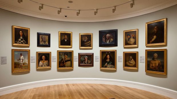 A curved gallery or museum interior displaying two rows of framed portrait paintings on pale walls. The room has a warm timber floor, decorative ceiling cornice, and a suspended track-lighting system illuminating the artwork. Small wall labels accompany several paintings.