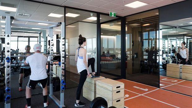 A bright, modern commercial gym interior with a weight-training area, squat racks, mirrors, glass-partitioned rooms, timber plyometric boxes, and orange rubber flooring. Several people are exercising, and a dark timber-framed glazed studio or office area is visible to the right. The ceiling uses exposed acoustic tiles with recessed lighting.