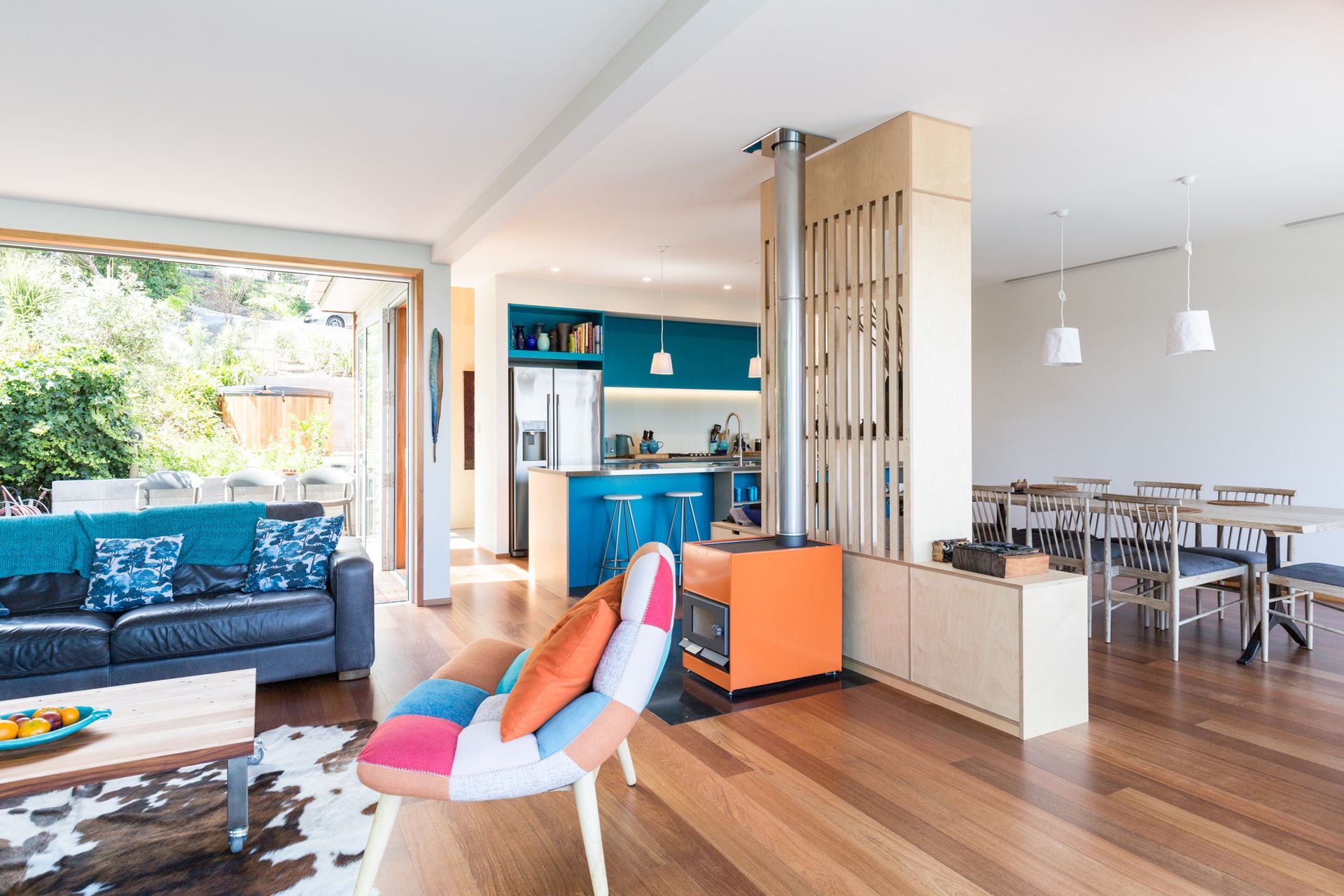 The cottage is now a bright and colourful open-plan living area.
