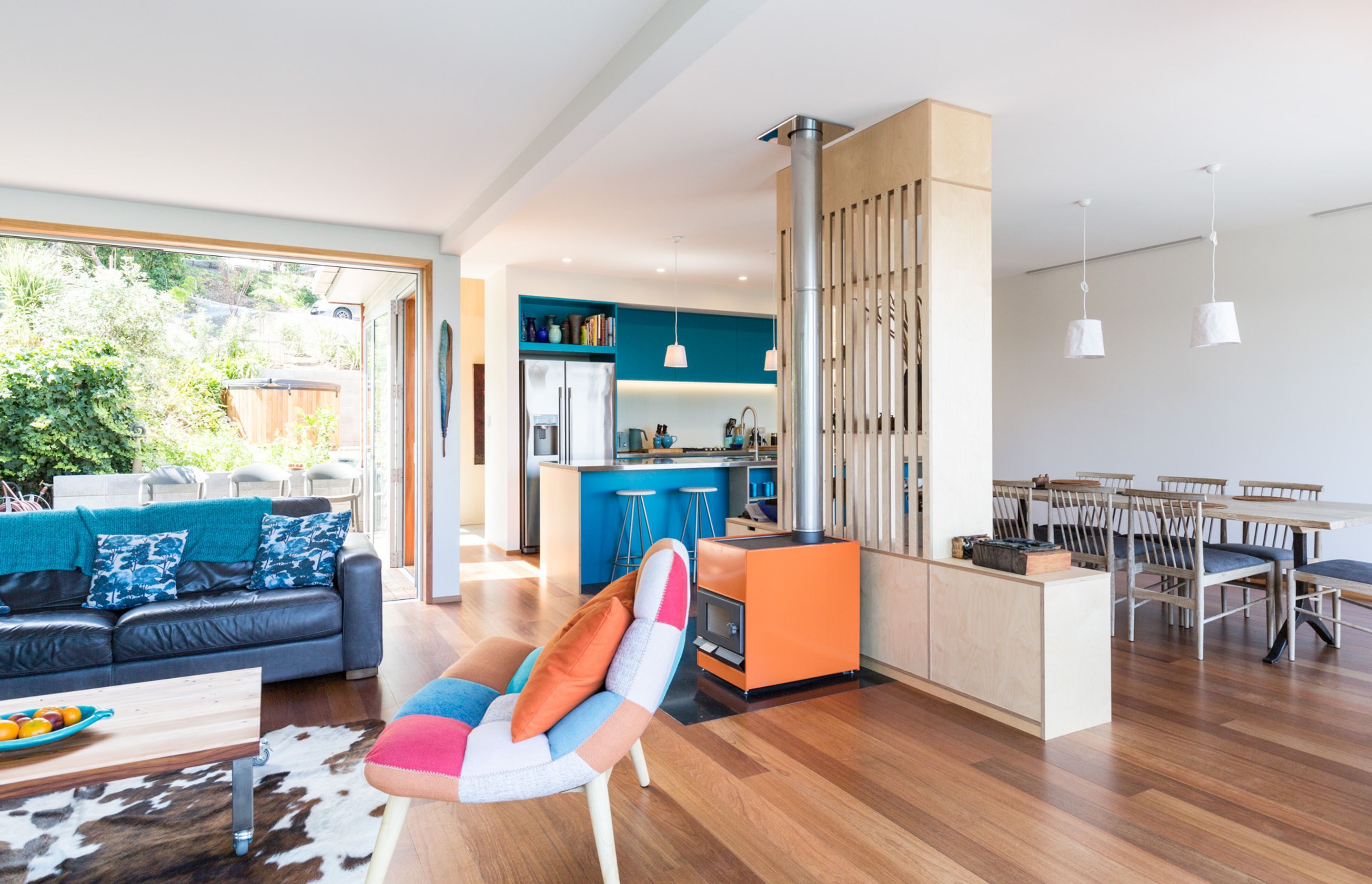 The cottage is now a bright and colourful open-plan living area.