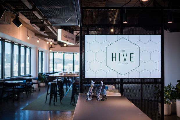 A modern commercial interior reception or café-like workspace with a prominent digital display reading “The Hive,” a long counter in the foreground, black perforated metal partitions, exposed ceiling services, pendant and track lighting, and dining or breakout seating beside large windows.