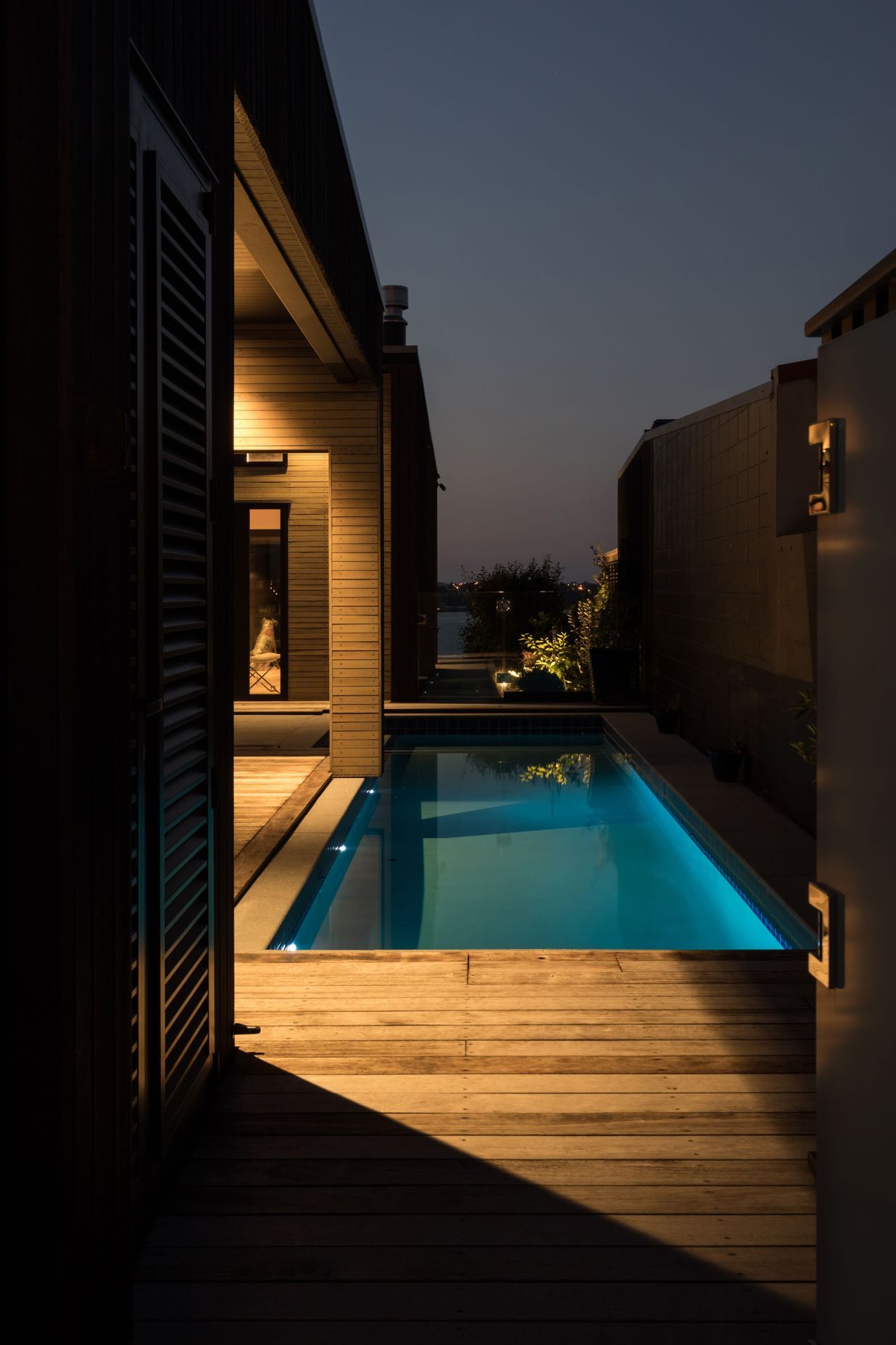 The lap pool sits alongside the house and enjoys glimpses of the harbour beyond.