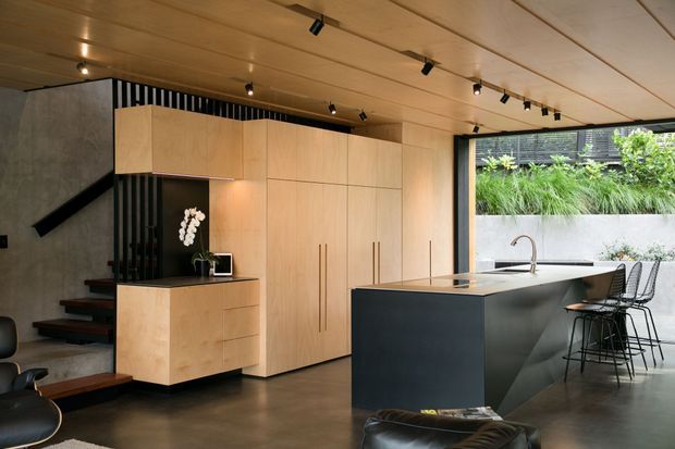A sophisticated open-plan kitchen and living area with pale timber built-in cabinetry, a large dark island with integrated sink, and bar seating. The room features a warm timber-lined ceiling with track lighting, polished concrete flooring, a raw concrete wall, and a black vertical-slat stair balustrade leading to a partially visible stairway. Full-height glazing opens toward a planted outdoor area, creating a bright indoor-outdoor connection.