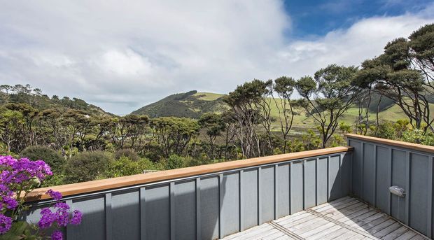 An elevated outdoor deck or balcony with grey vertical-panel balustrades and a warm timber handrail, overlooking dense native vegetation and rolling green hills. The scene has a contemporary, nature-connected character under a partly cloudy sky.