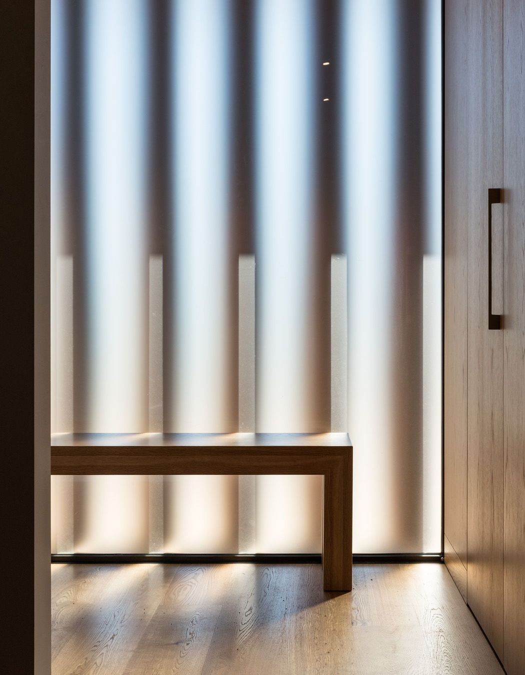 Inside the front entrance, looking through the frosted glazing and vertical louvres.
